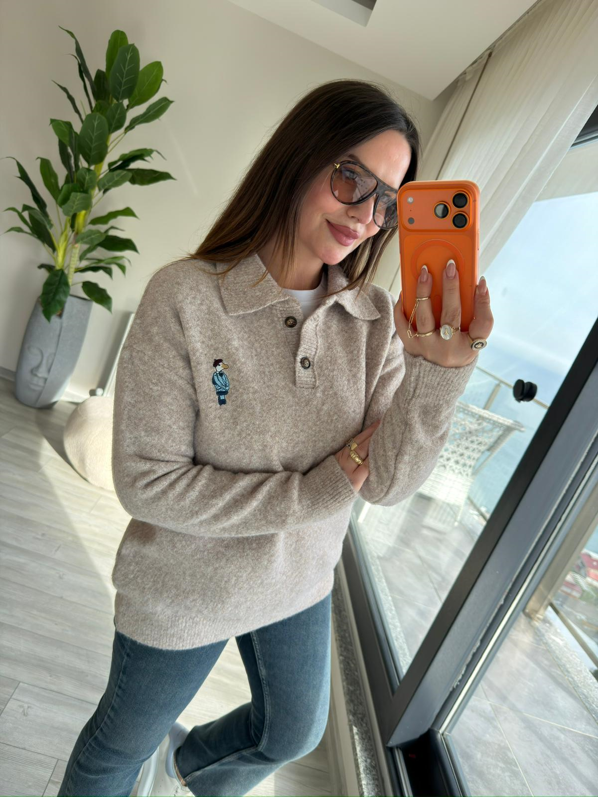 5106 Polo Yaka Düğmeli Kazak BEJ