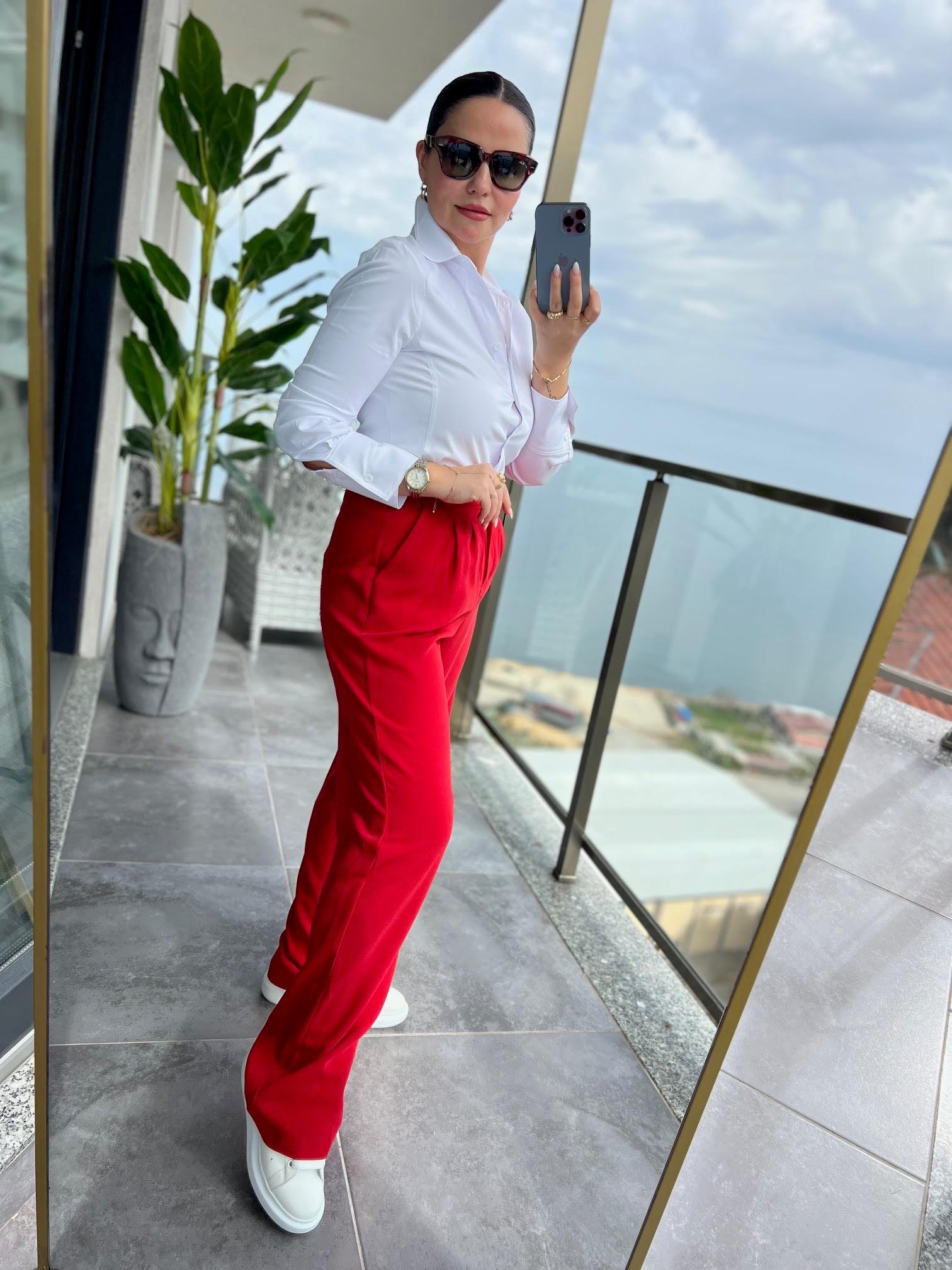 51078 Pileli Palazzo Pantalon KIRMIZI