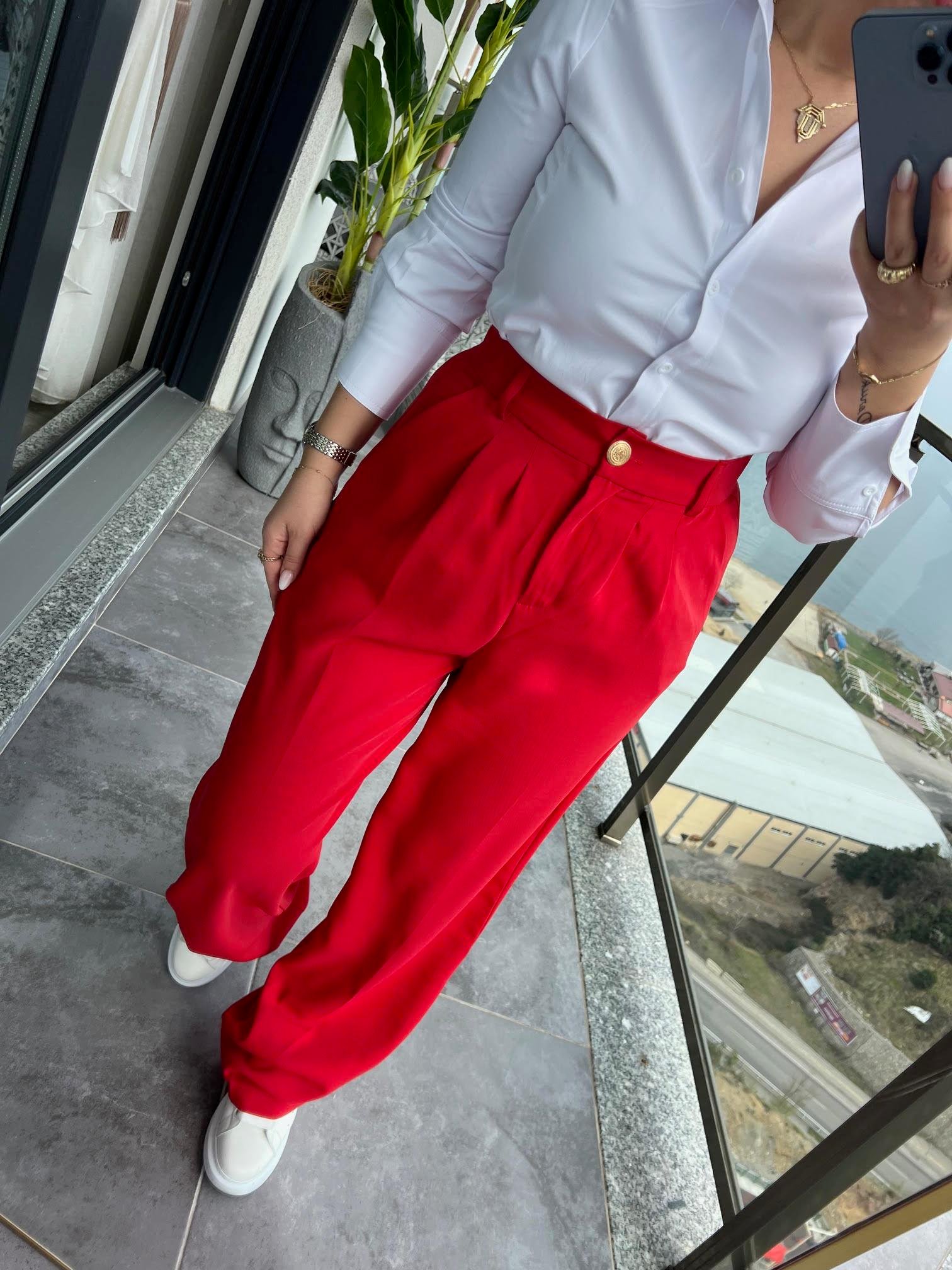 51078 Pileli Palazzo Pantalon KIRMIZI