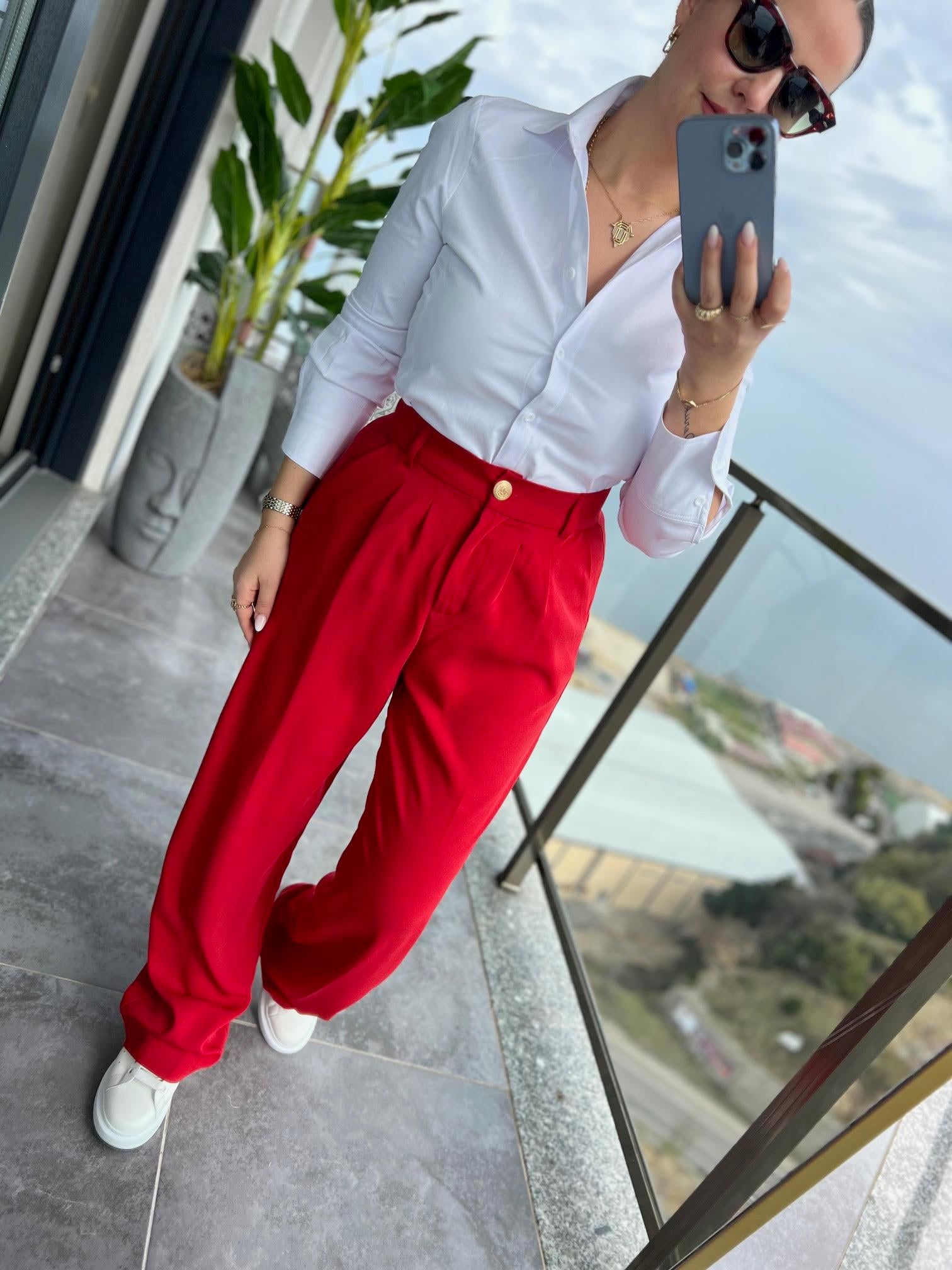 51078 Pileli Palazzo Pantalon KIRMIZI