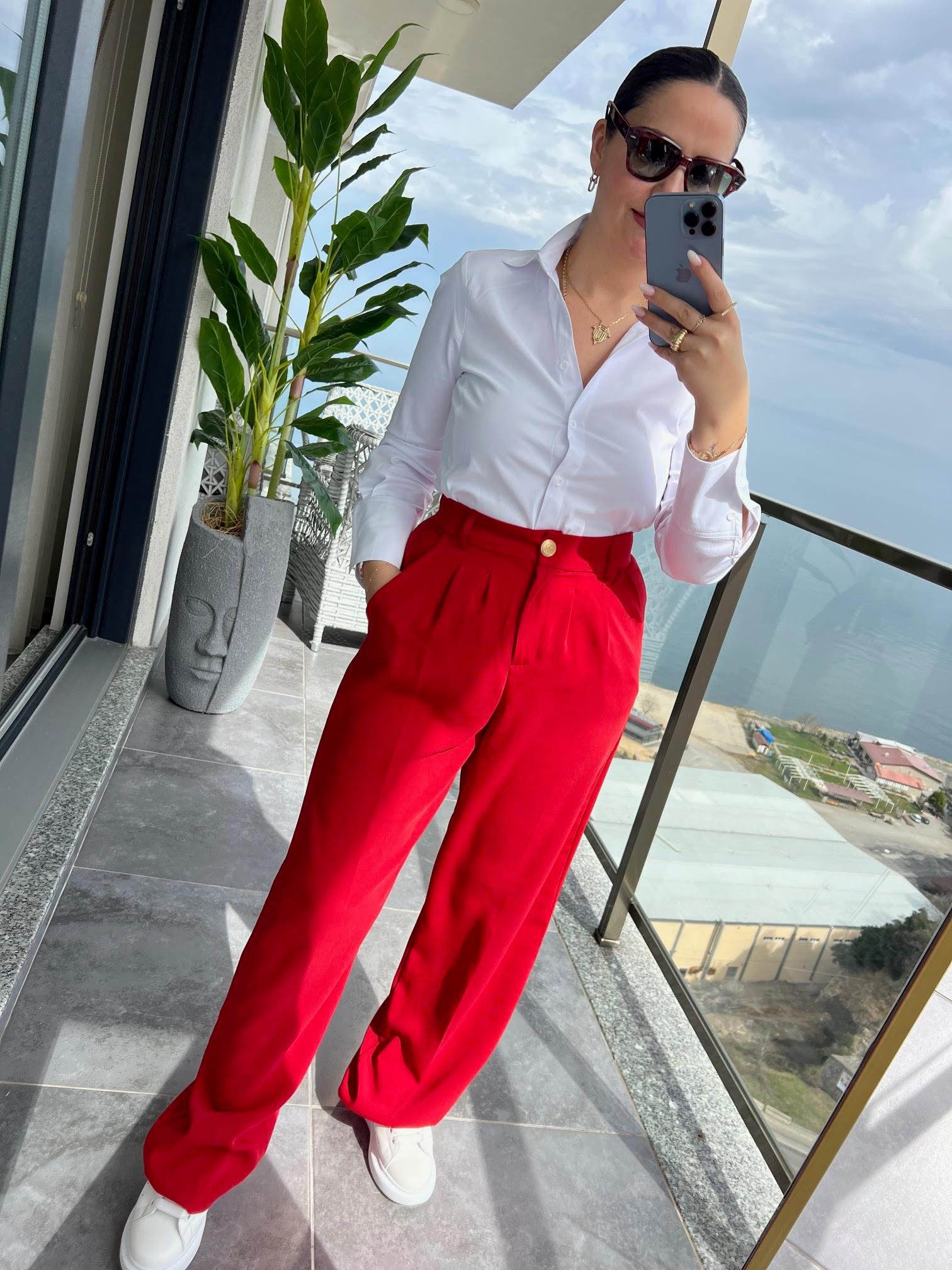 51078 Pileli Palazzo Pantalon KIRMIZI