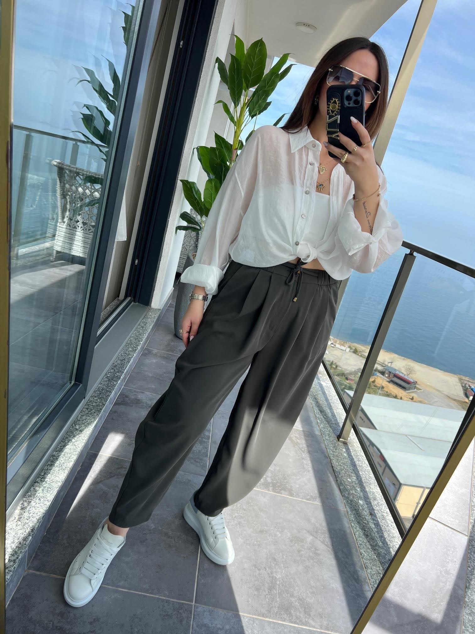 51111 Pileli Pantalon HAKİ YEŞİL