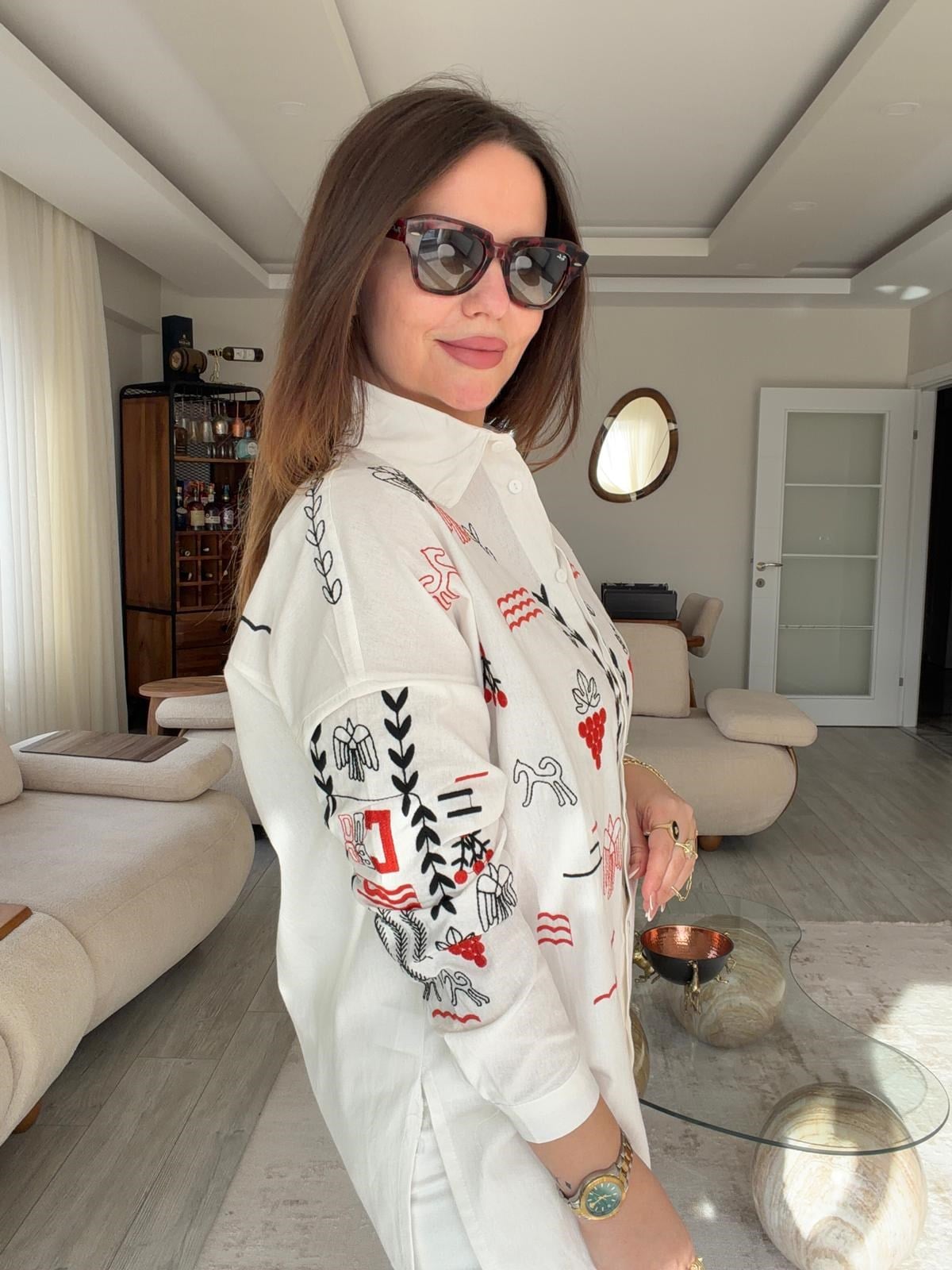 5114 Nakışlı Gömlek EKRU