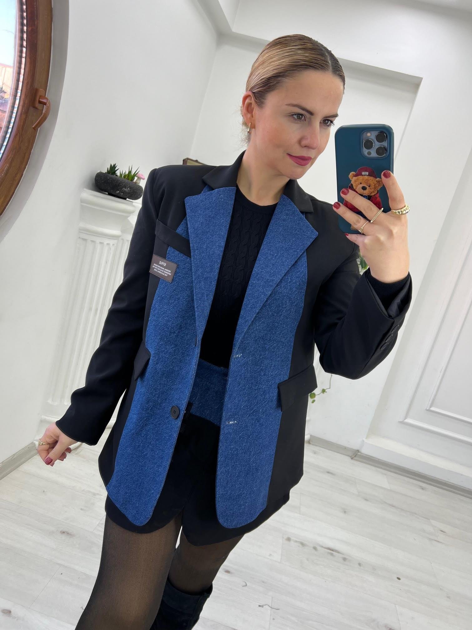 51301 Jean Detaylı Tasarım Ceket SİYAH