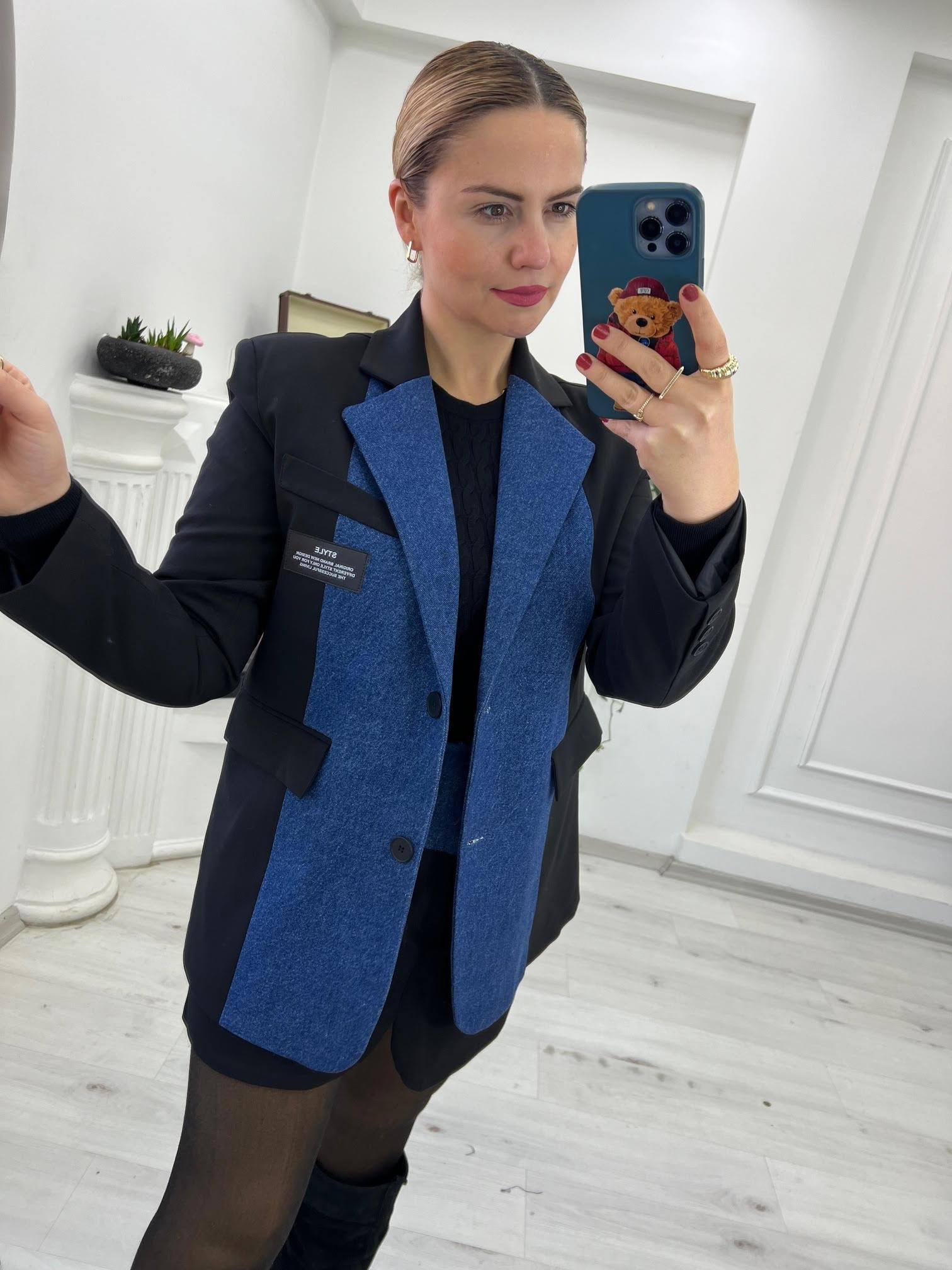 51301 Jean Detaylı Tasarım Ceket SİYAH