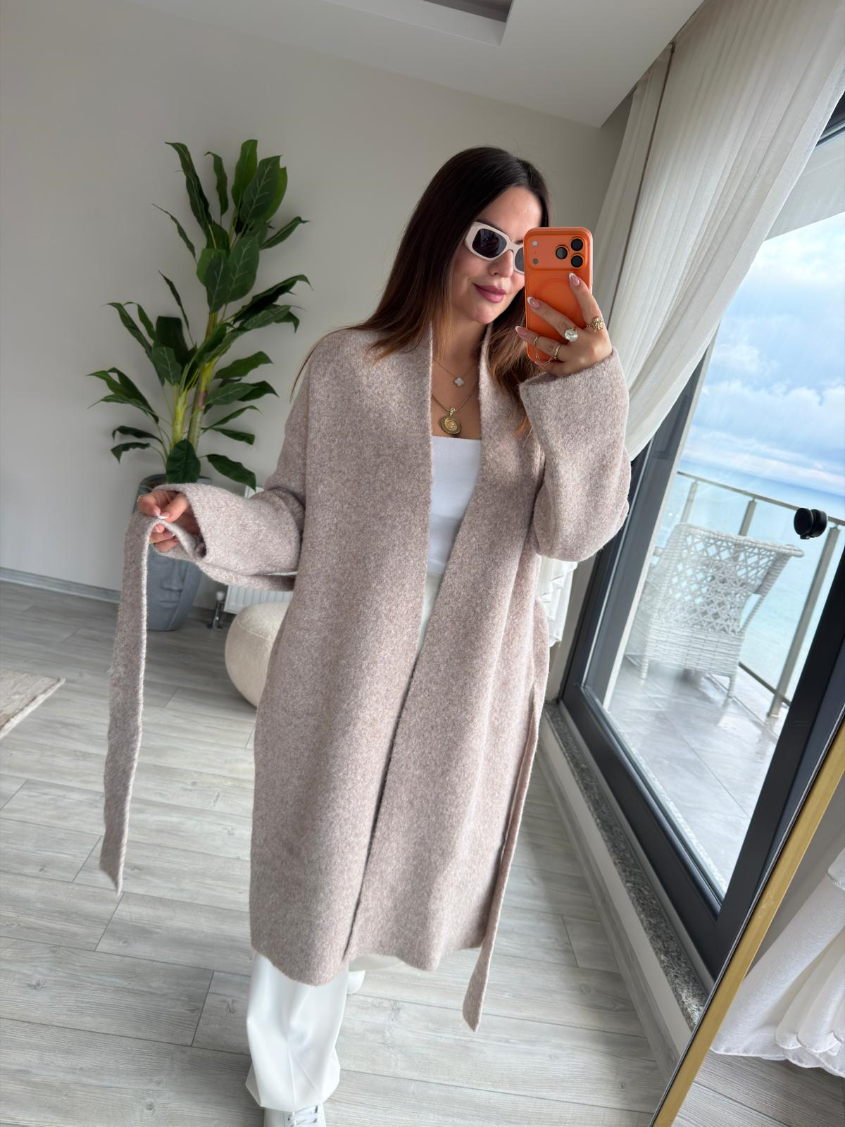 5134 Kuşaklı Triko Hırka BEJ