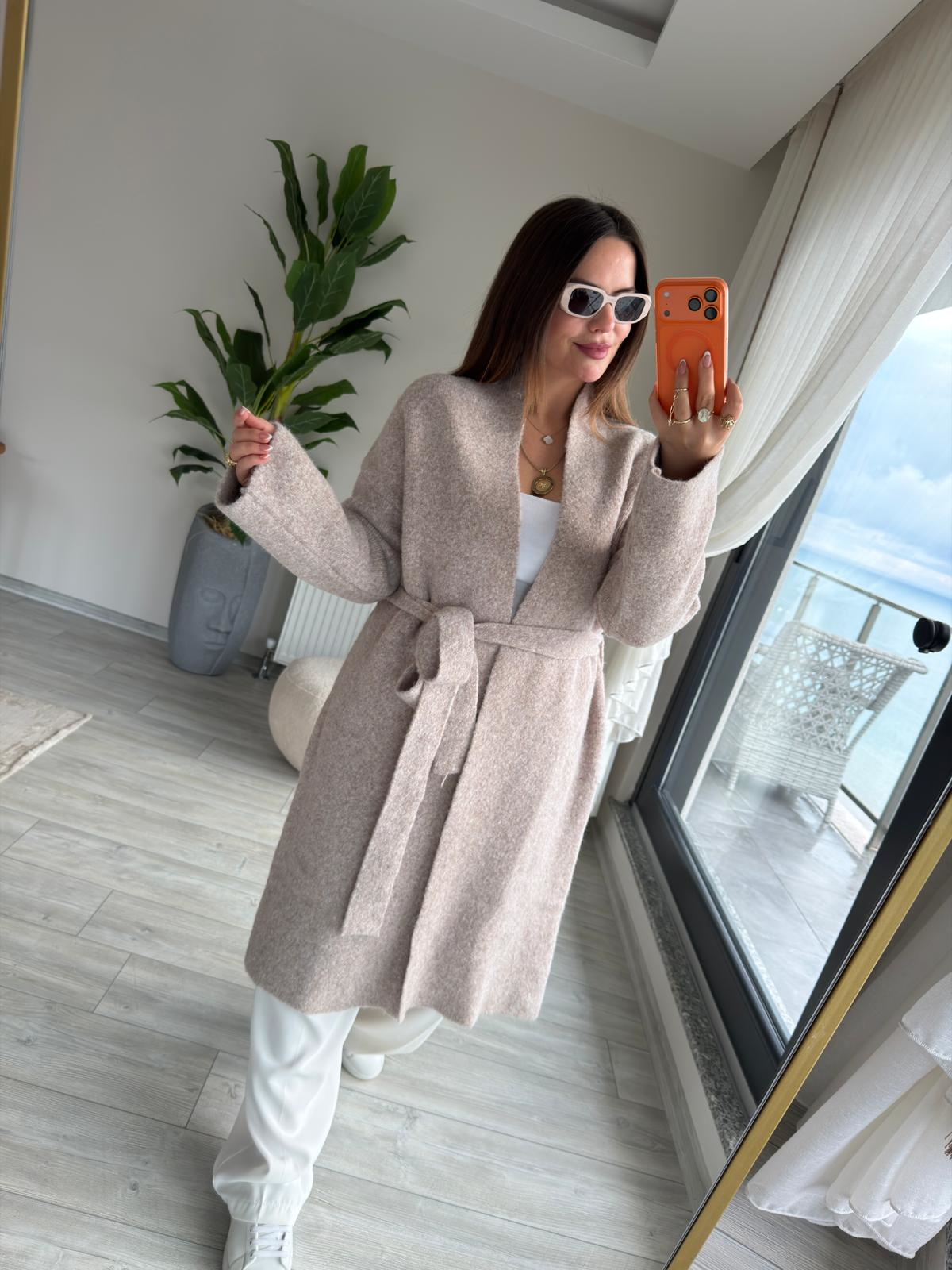 5134 Kuşaklı Triko Hırka BEJ