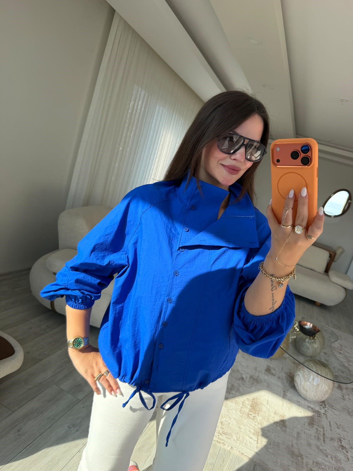 5167 Dik Yaka Kolları Büzgülü Ceket MAVİ