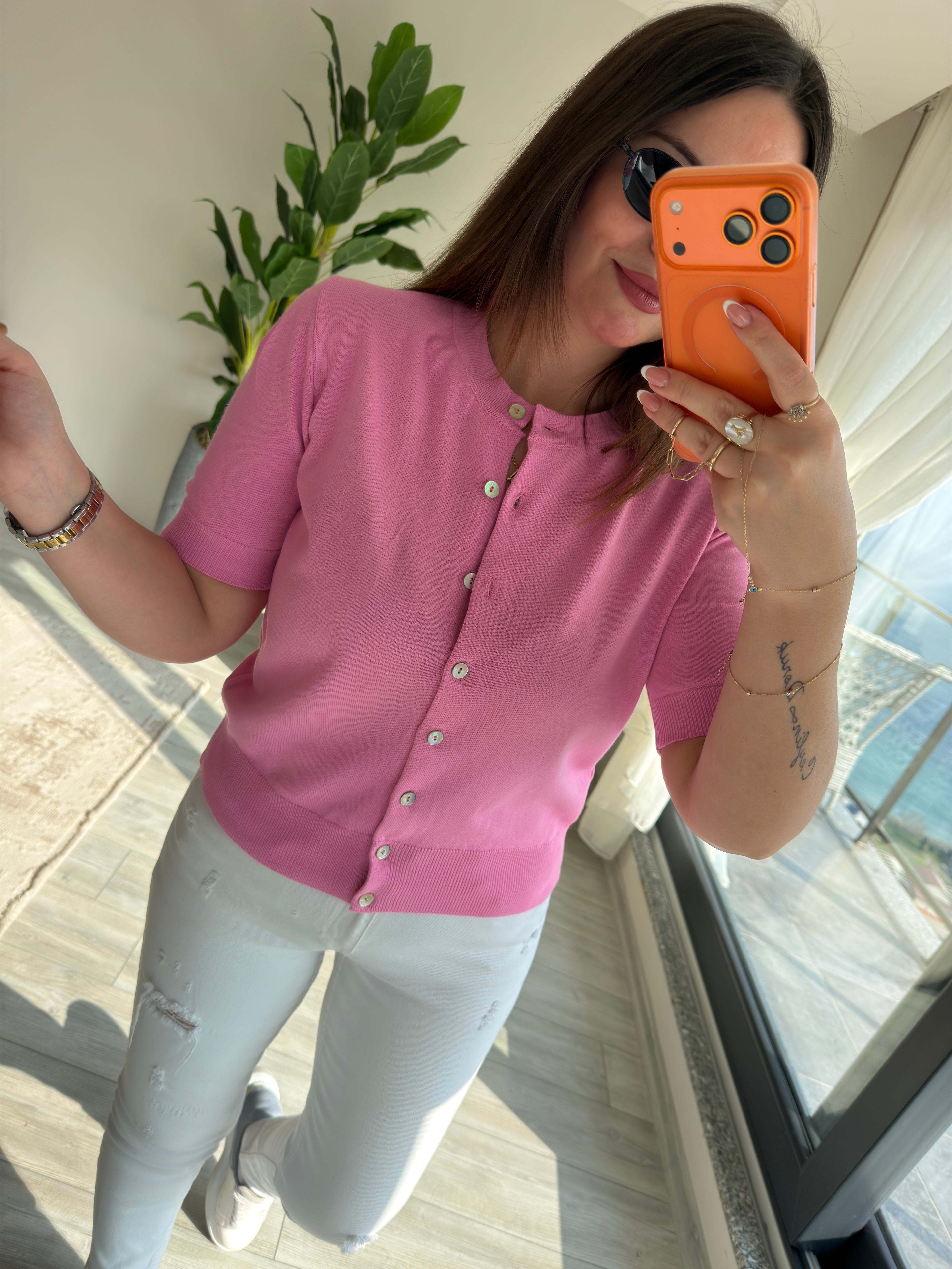 5412 Sedef Düğmeli Kısa Kollu Triko PEMBE