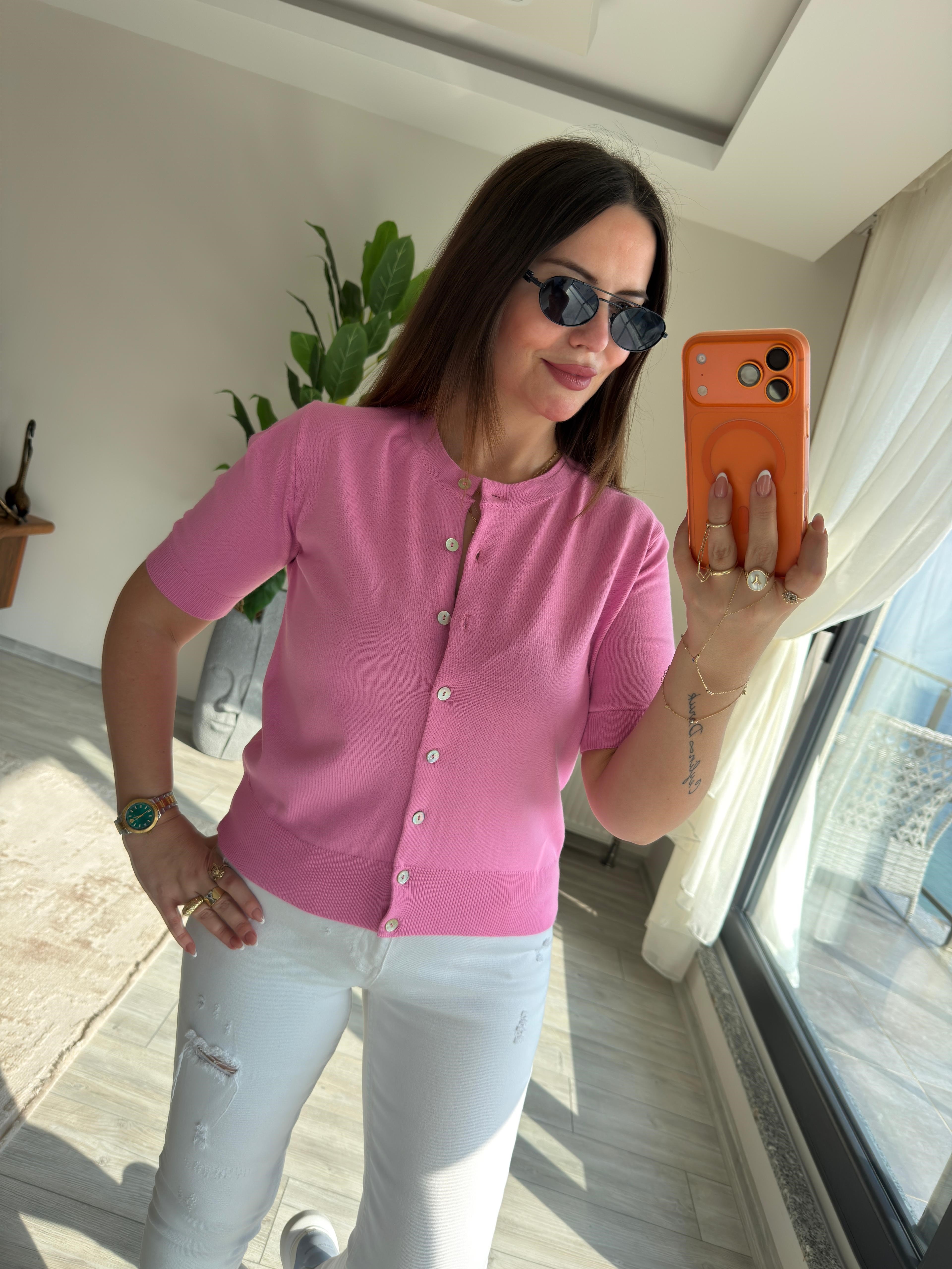 5412 Sedef Düğmeli Kısa Kollu Triko PEMBE
