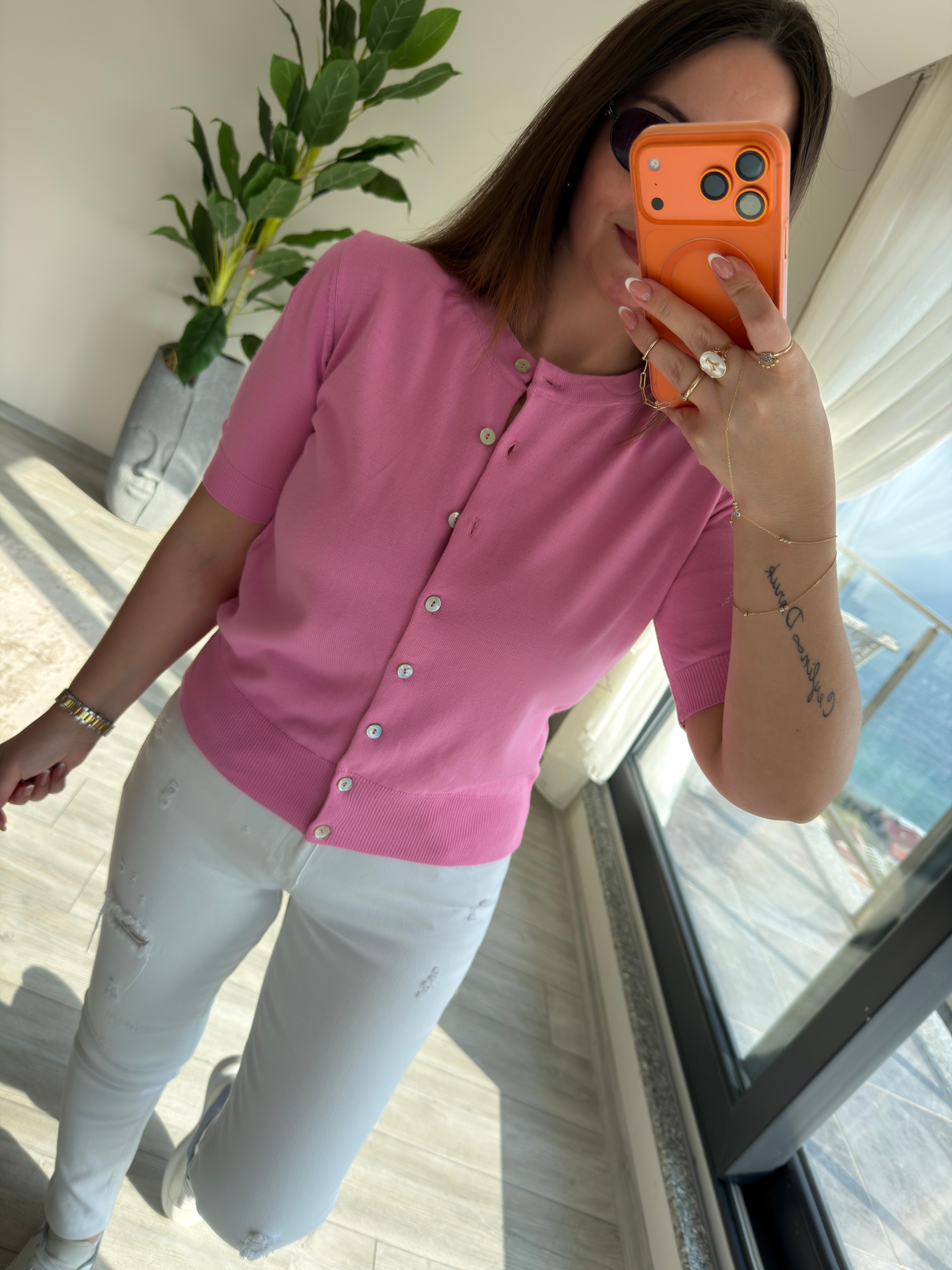 5412 Sedef Düğmeli Kısa Kollu Triko PEMBE