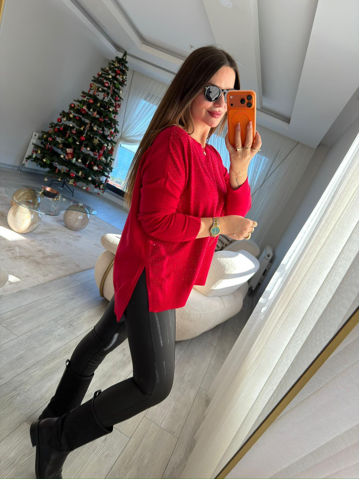 5423 Taşlı Triko KIRMIZI