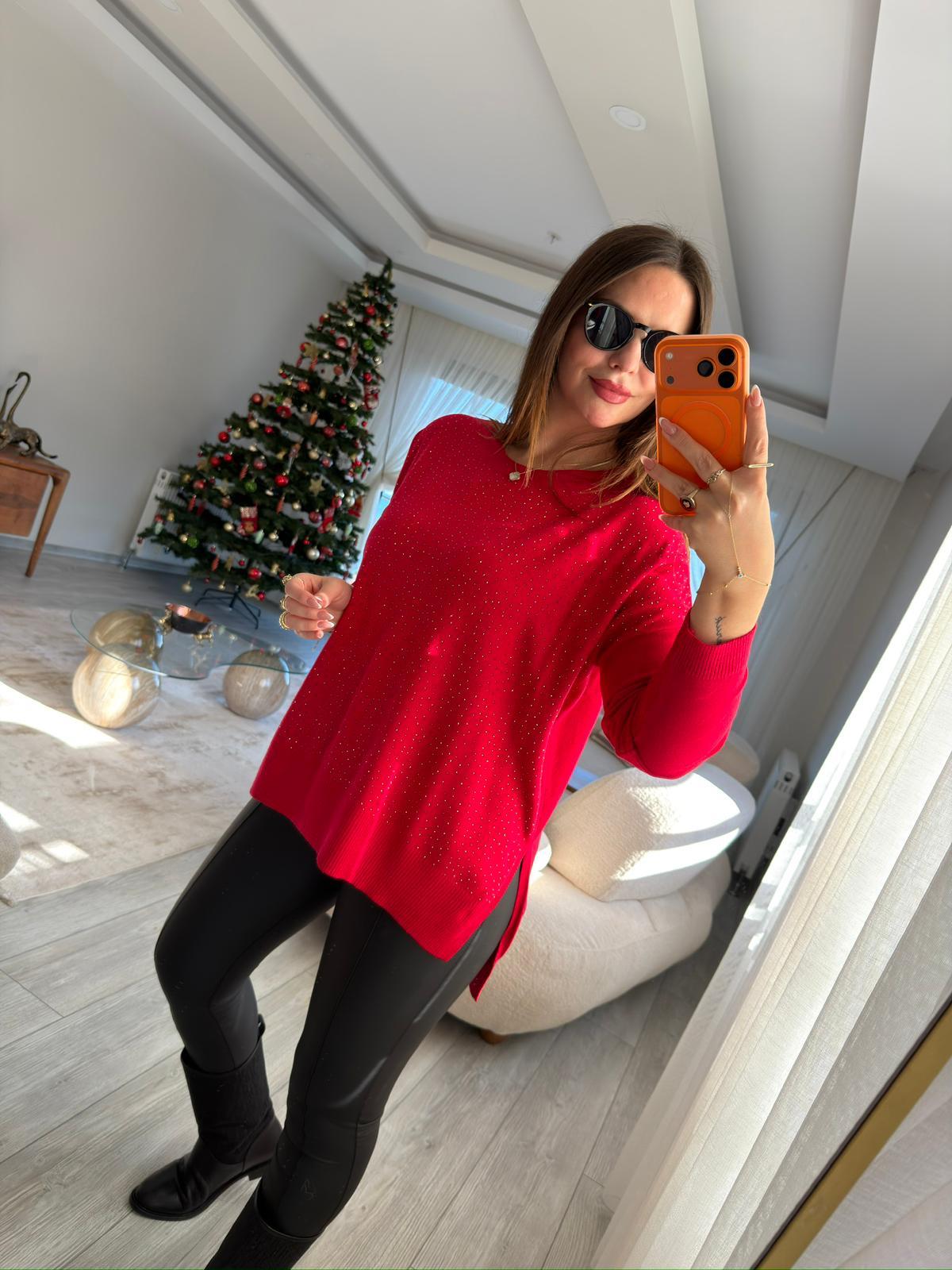 5423 Taşlı Triko KIRMIZI