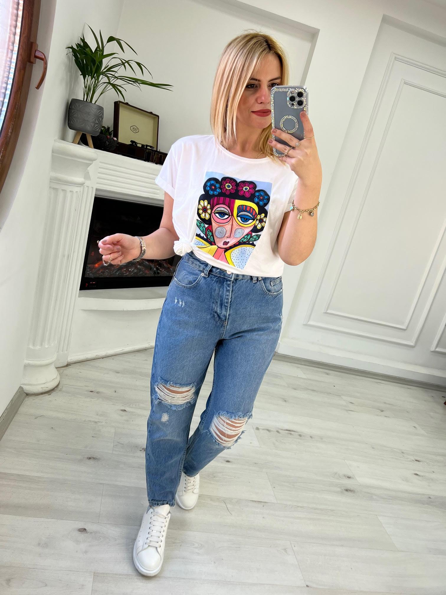 5450 Yüksek Bel Yırtık Mom Jean MAVİ