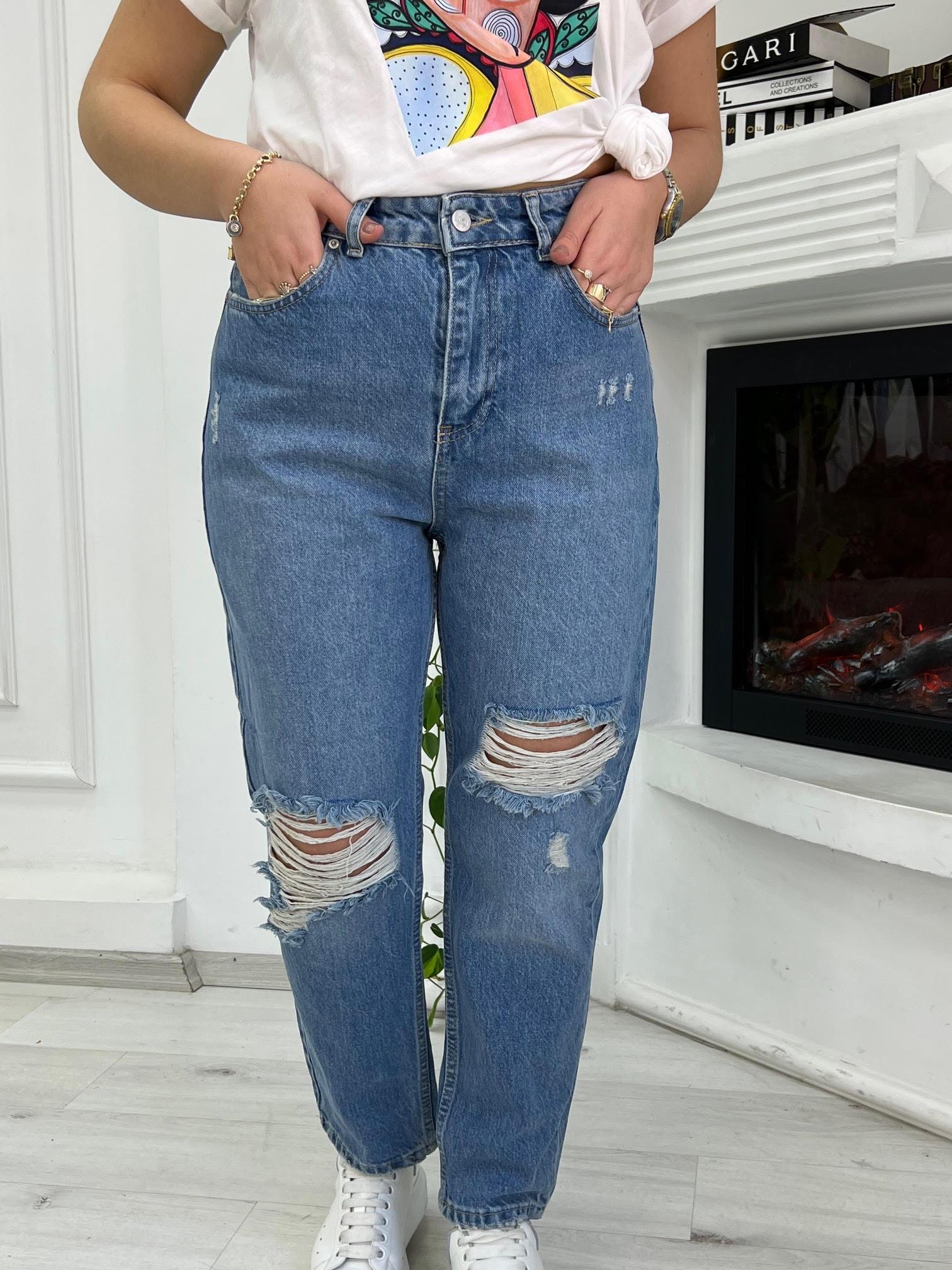 5450 Yüksek Bel Yırtık Mom Jean MAVİ