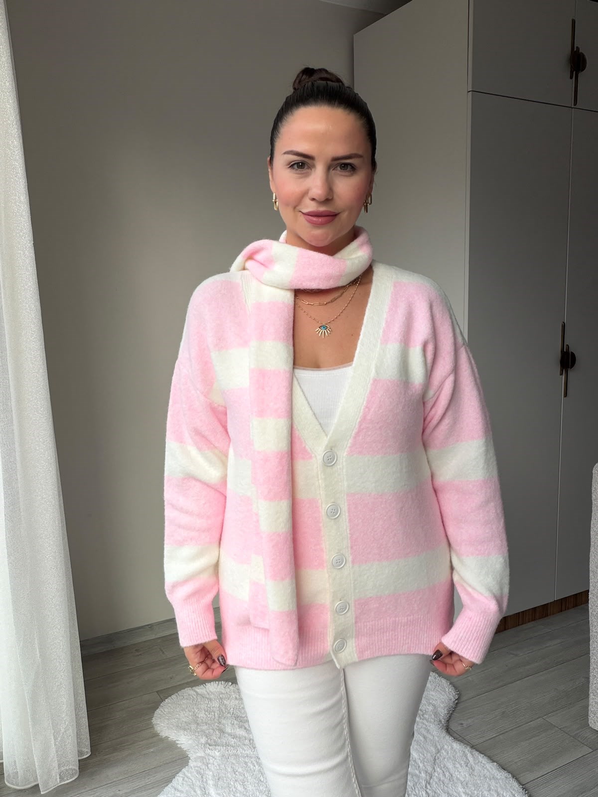 5516 Çizgi Detay Atkılı Hırka PEMBE