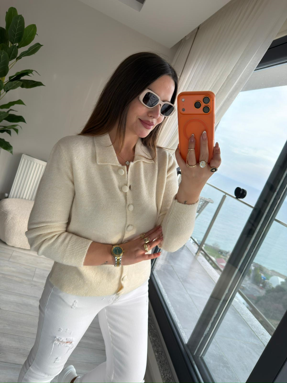 5727 Polo Yaka Triko Hırka KEMİK