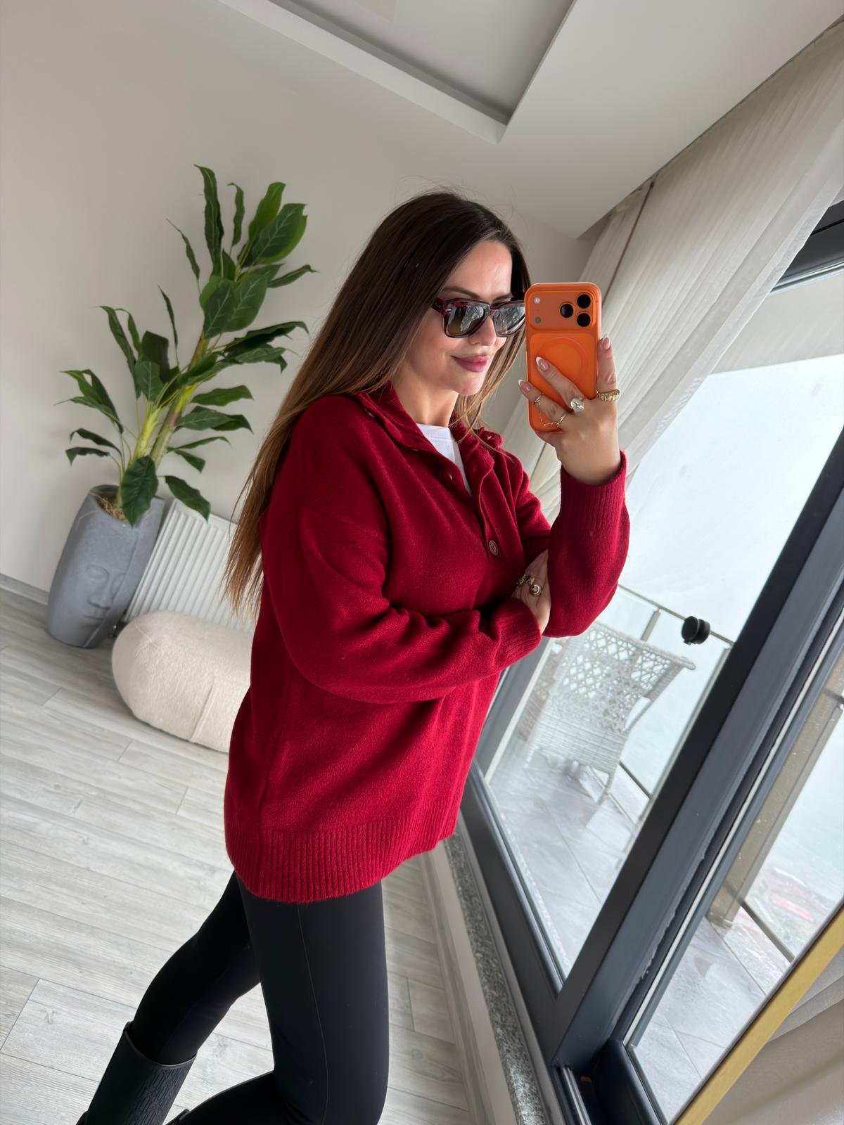 5758 Düğmeli Triko kazak BORDO