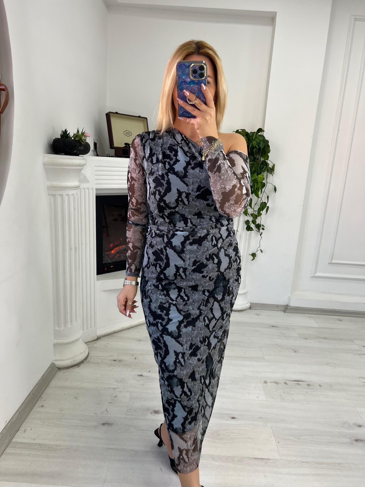 58605 Omuz Detay Tül Elbise FÜME