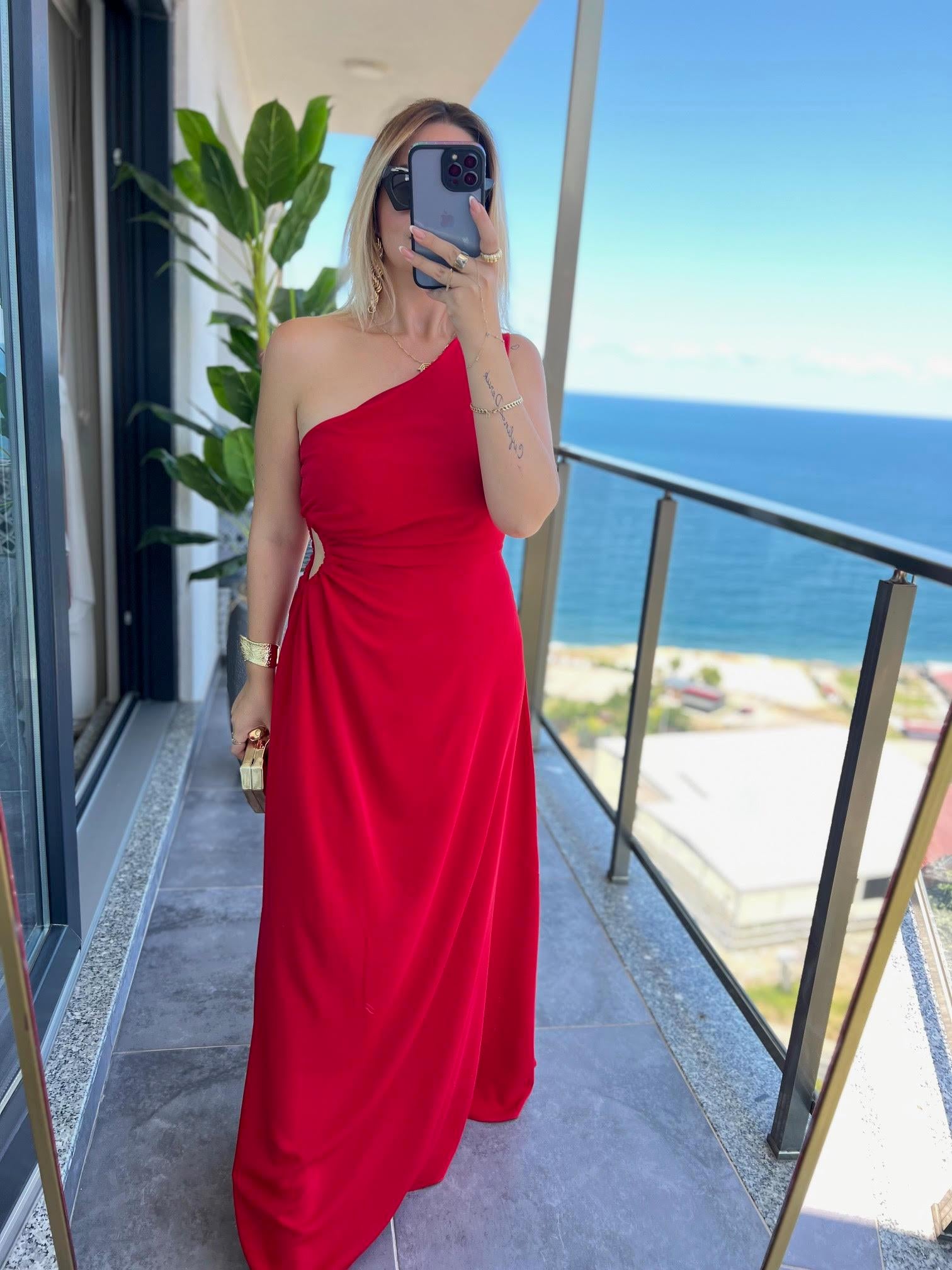 5956 Yan Pencere Detay Elbise KIRMIZI
