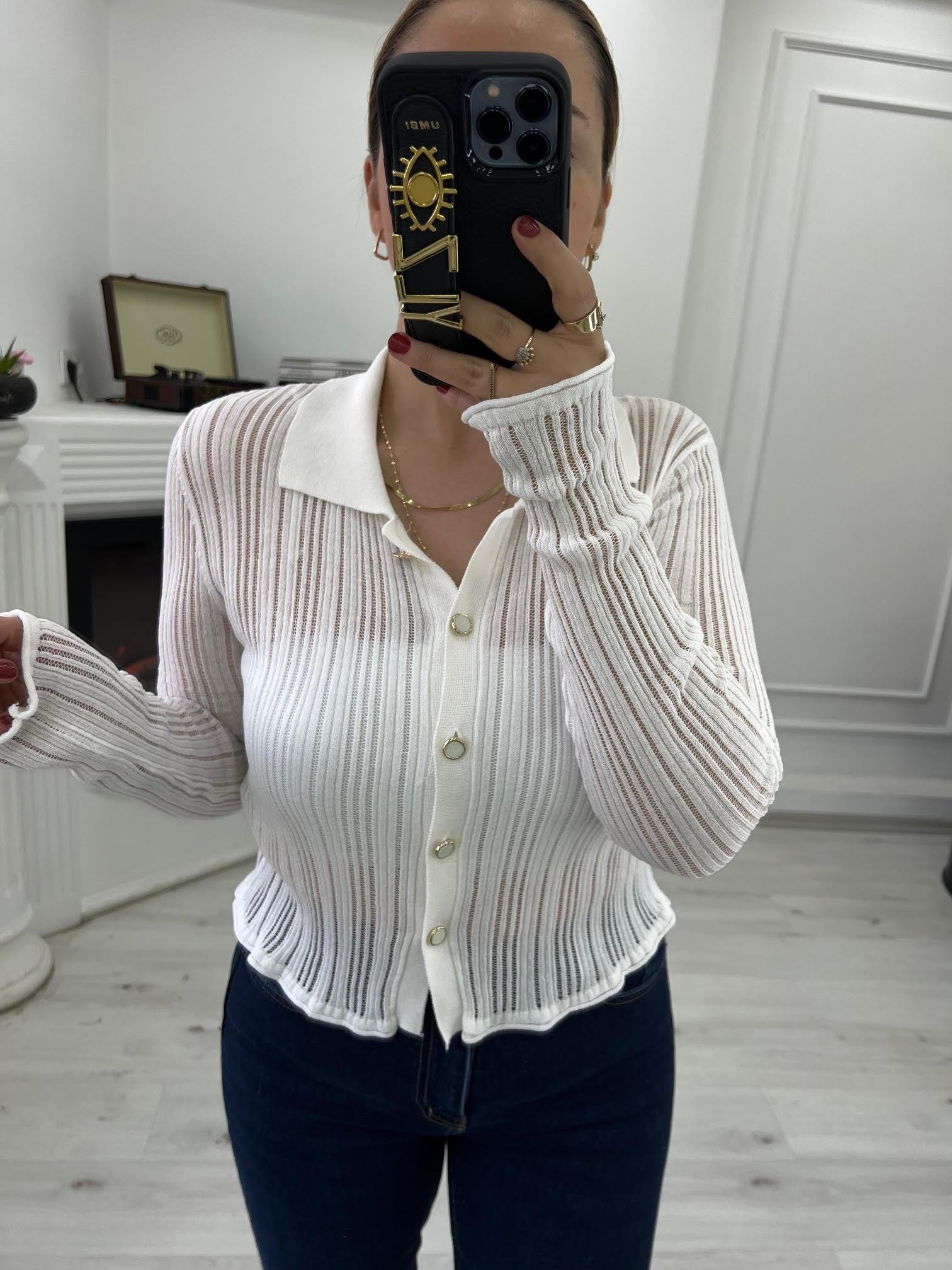 60200 Transparan Polo Yaka Hırka