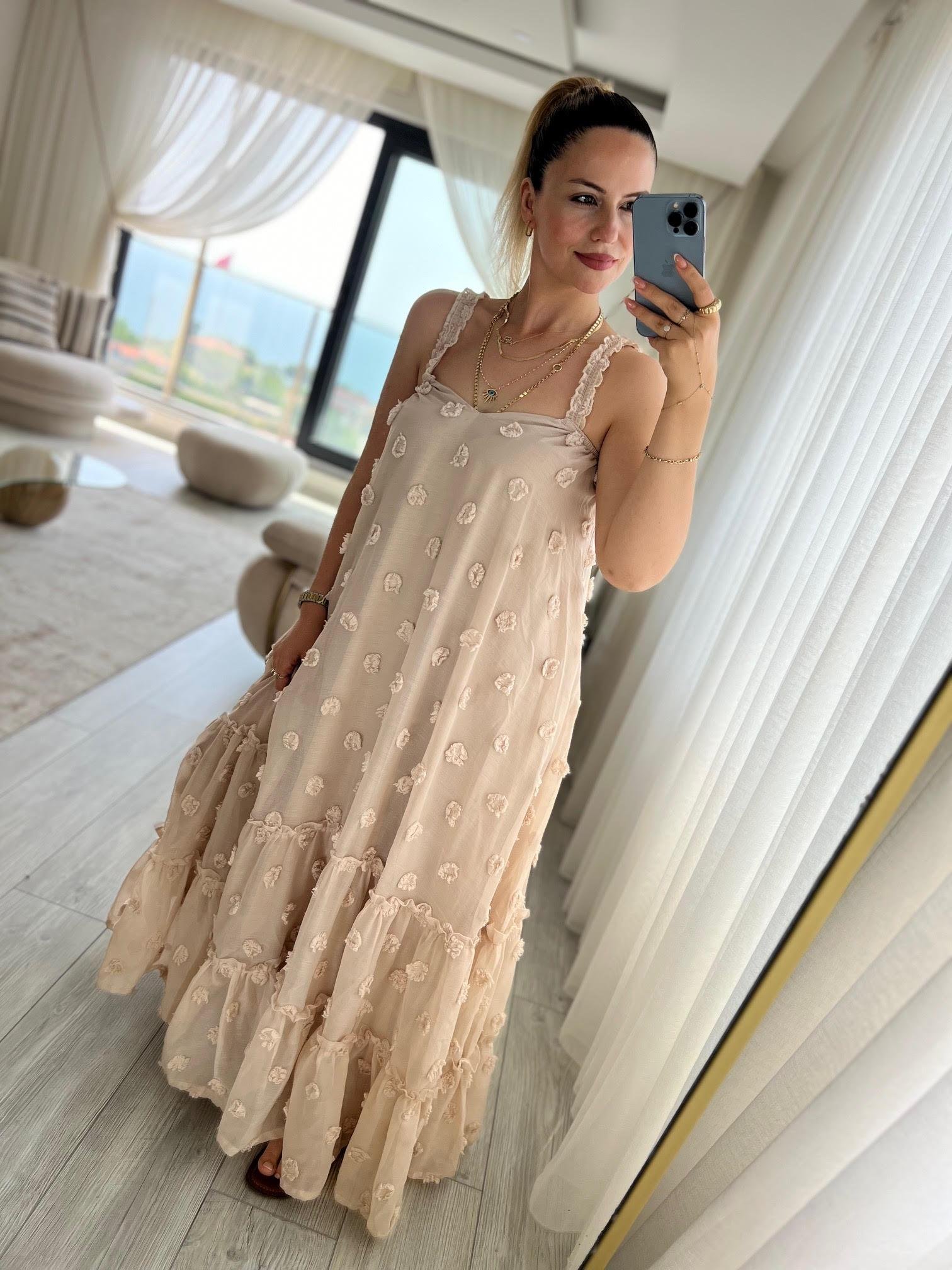 6110 Askılı Tül Elbise BEJ