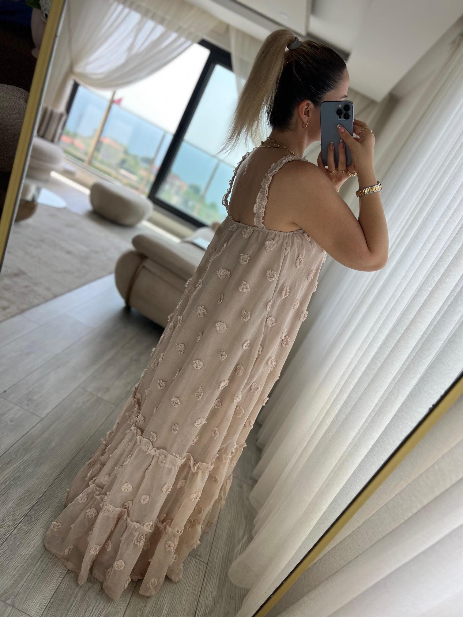 6110 Askılı Tül Elbise BEJ