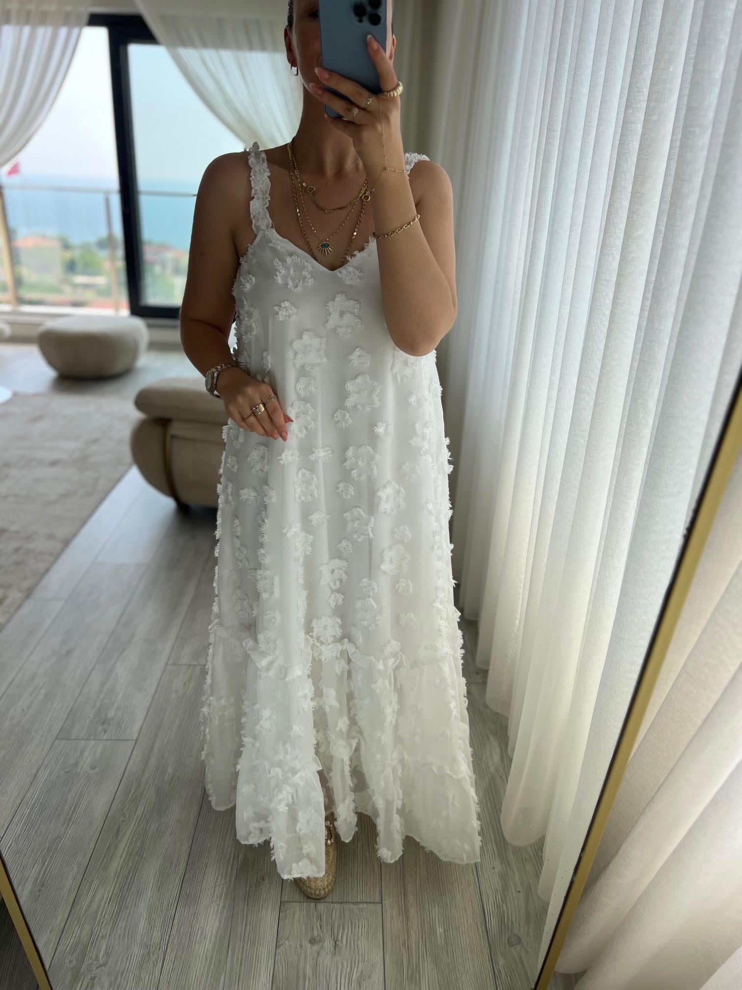 6110 Askılı Tül Elbise BEYAZ