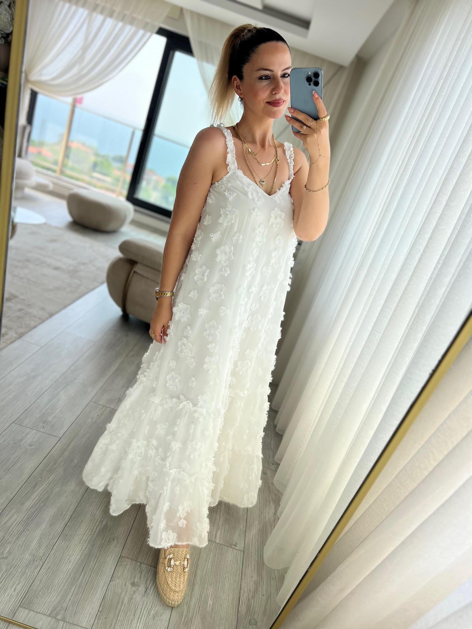 6110 Askılı Tül Elbise BEYAZ
