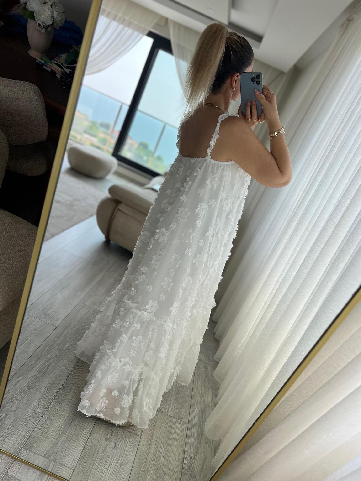 6110 Askılı Tül Elbise BEYAZ