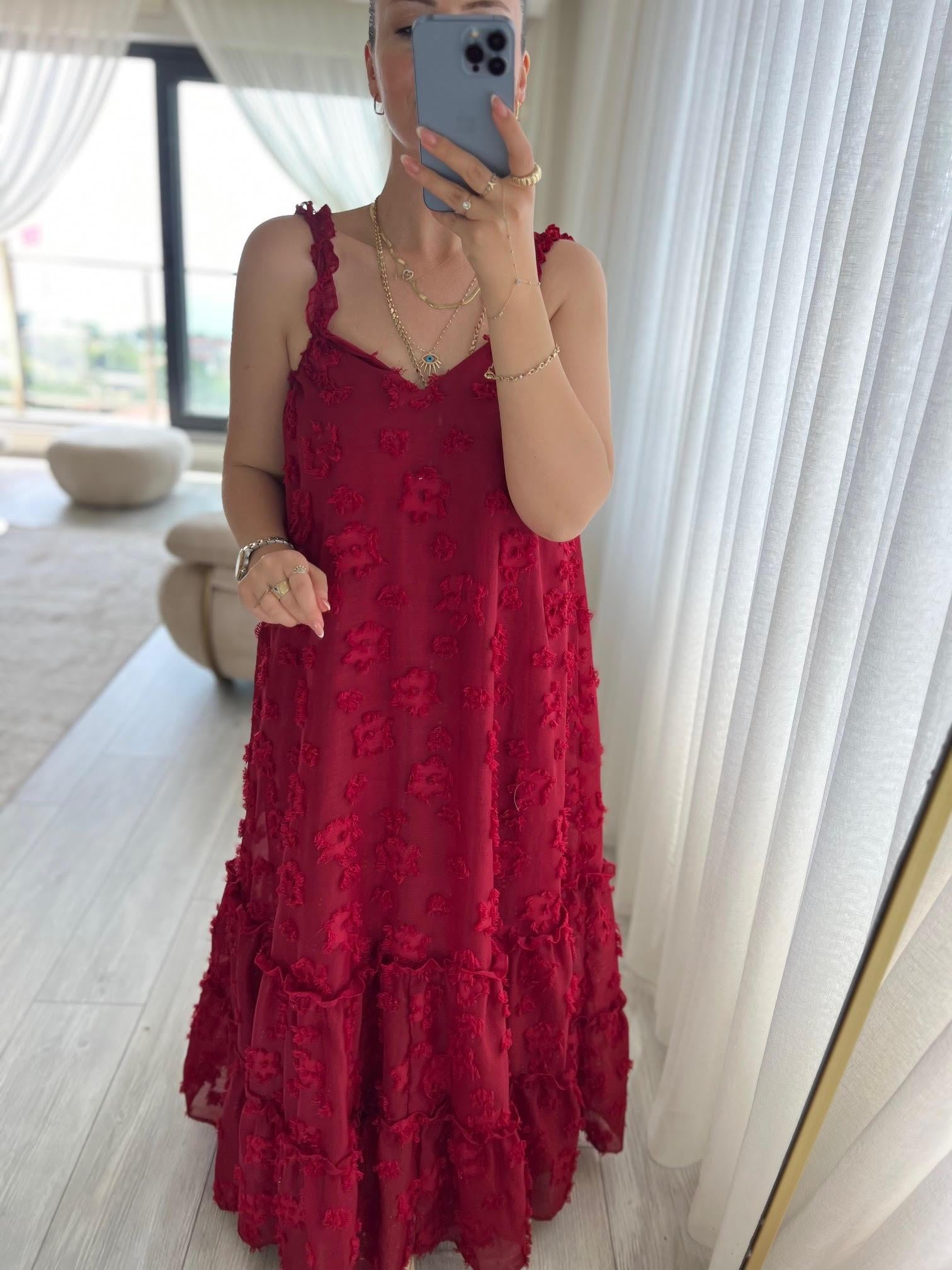 6110 Askılı Tül Elbise BORDO