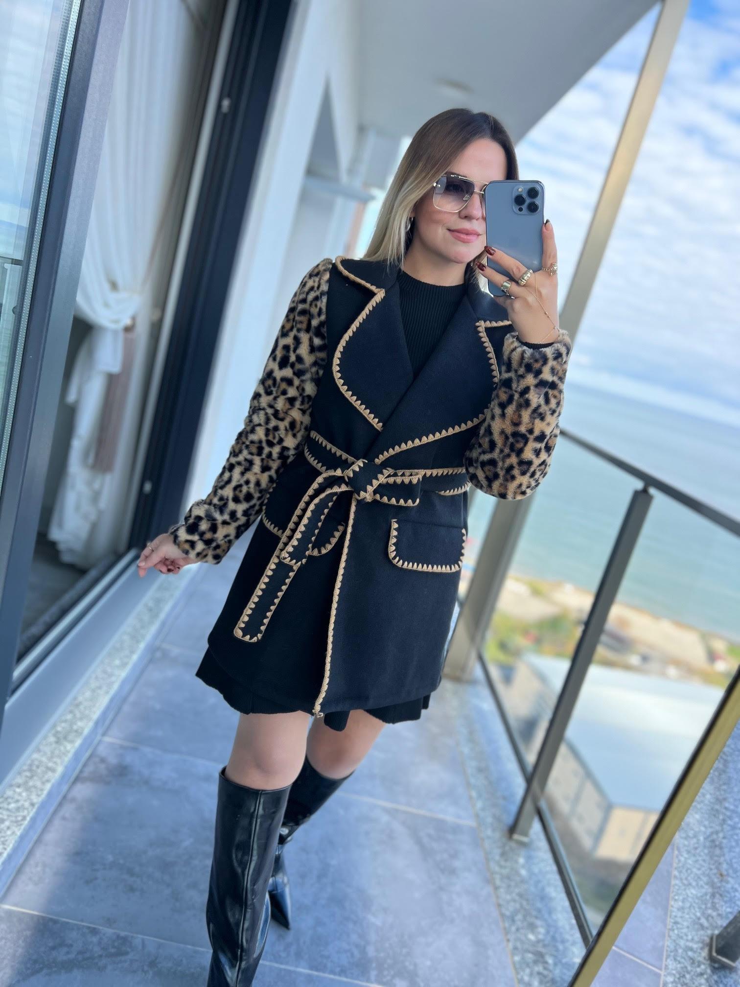 6164 Kolu Leopar Kemerli Hırka SİYAH