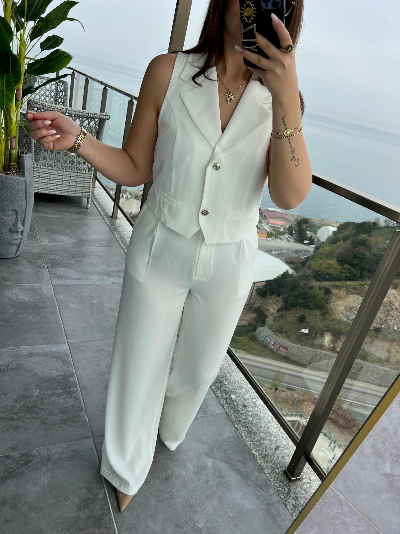 6225 Adriana Yelek Takım EKRU