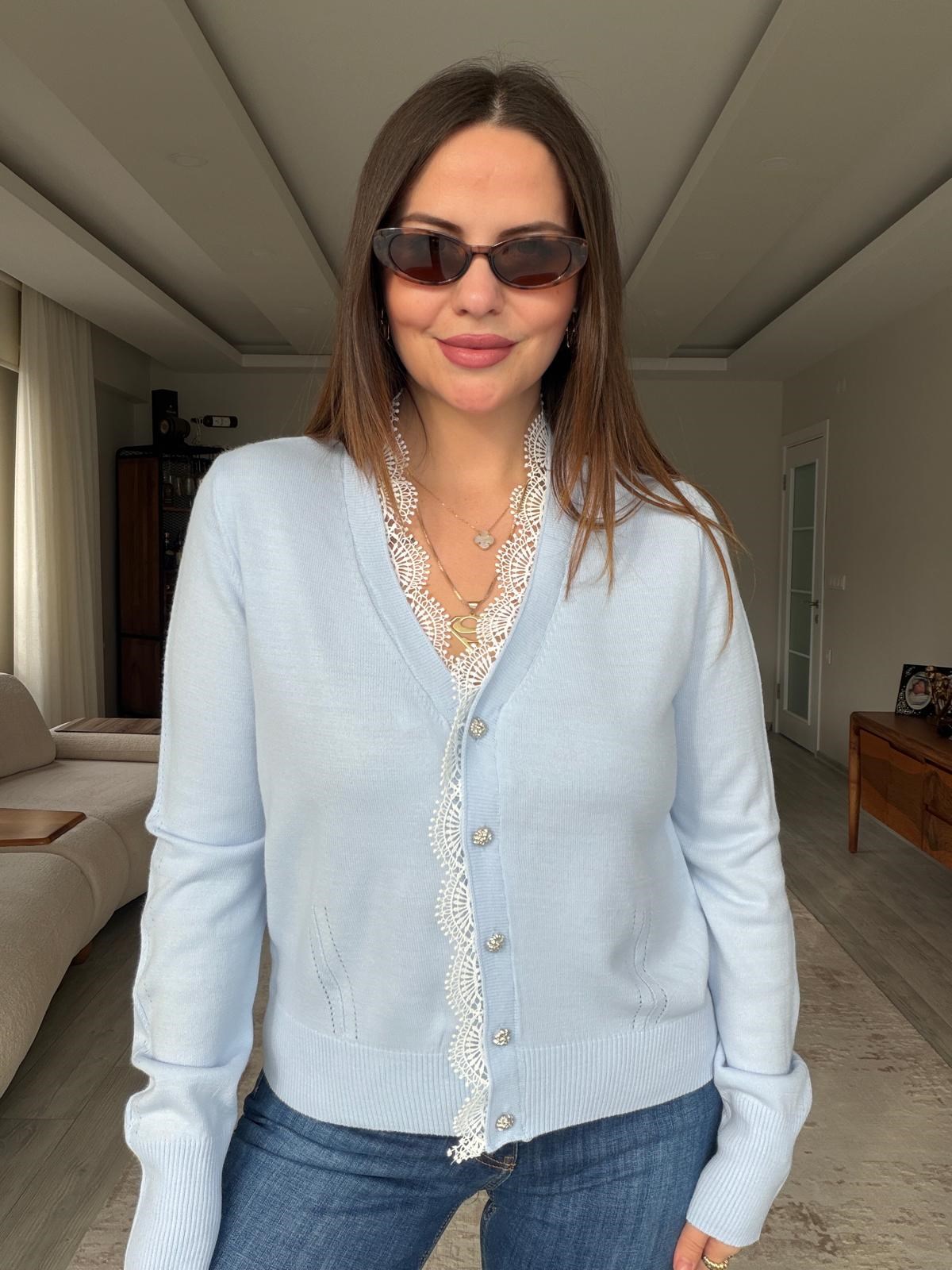6406 Dantel Detay Hırka BEBE MAVİ