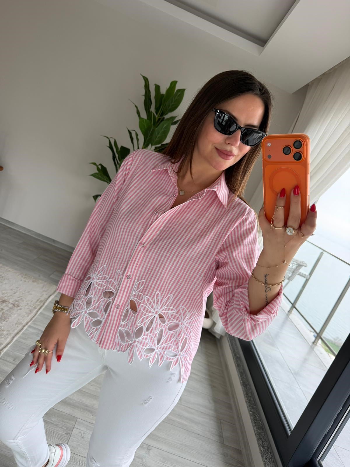6415 Çizgili Nakşlı Gömlek PEMBE