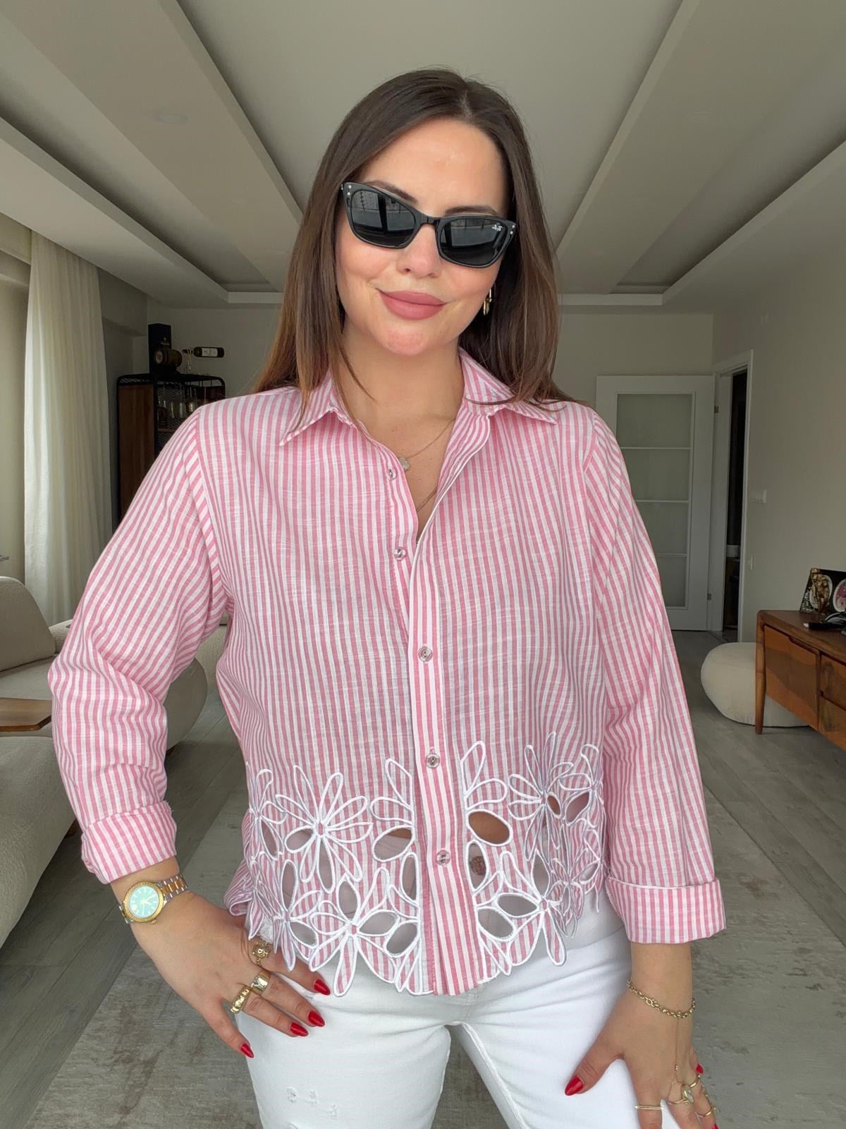 6415 Çizgili Nakşlı Gömlek PEMBE