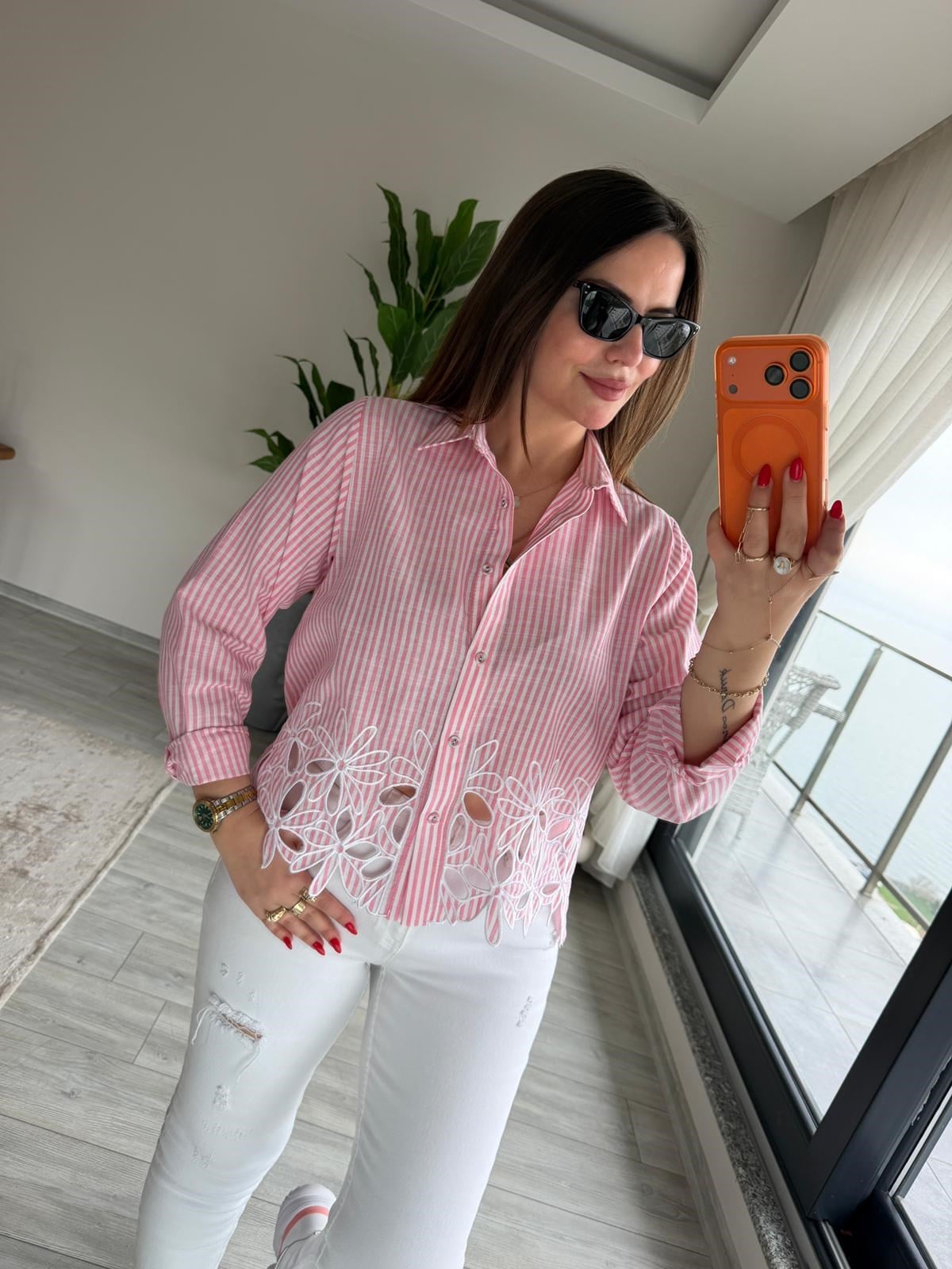 6415 Çizgili Nakşlı Gömlek PEMBE
