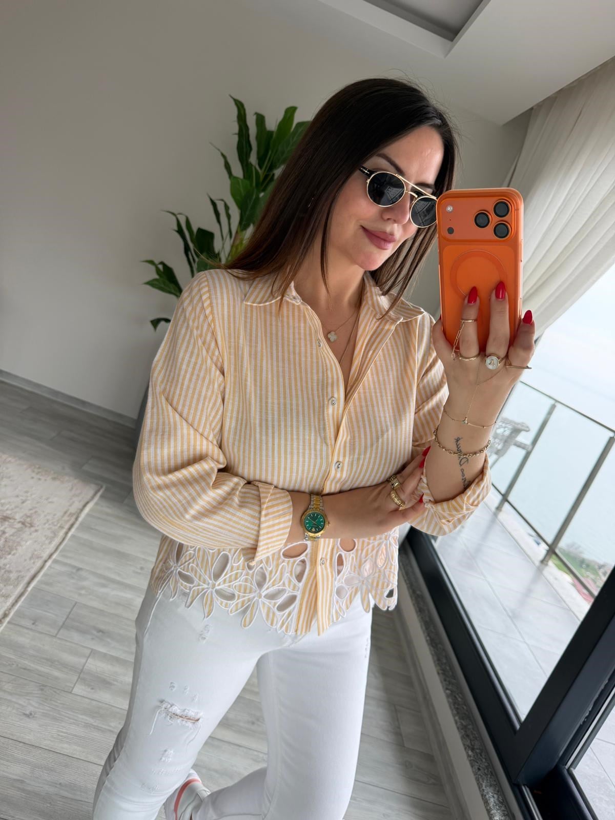 6415 Çizgili Nakşlı Gömlek SARI