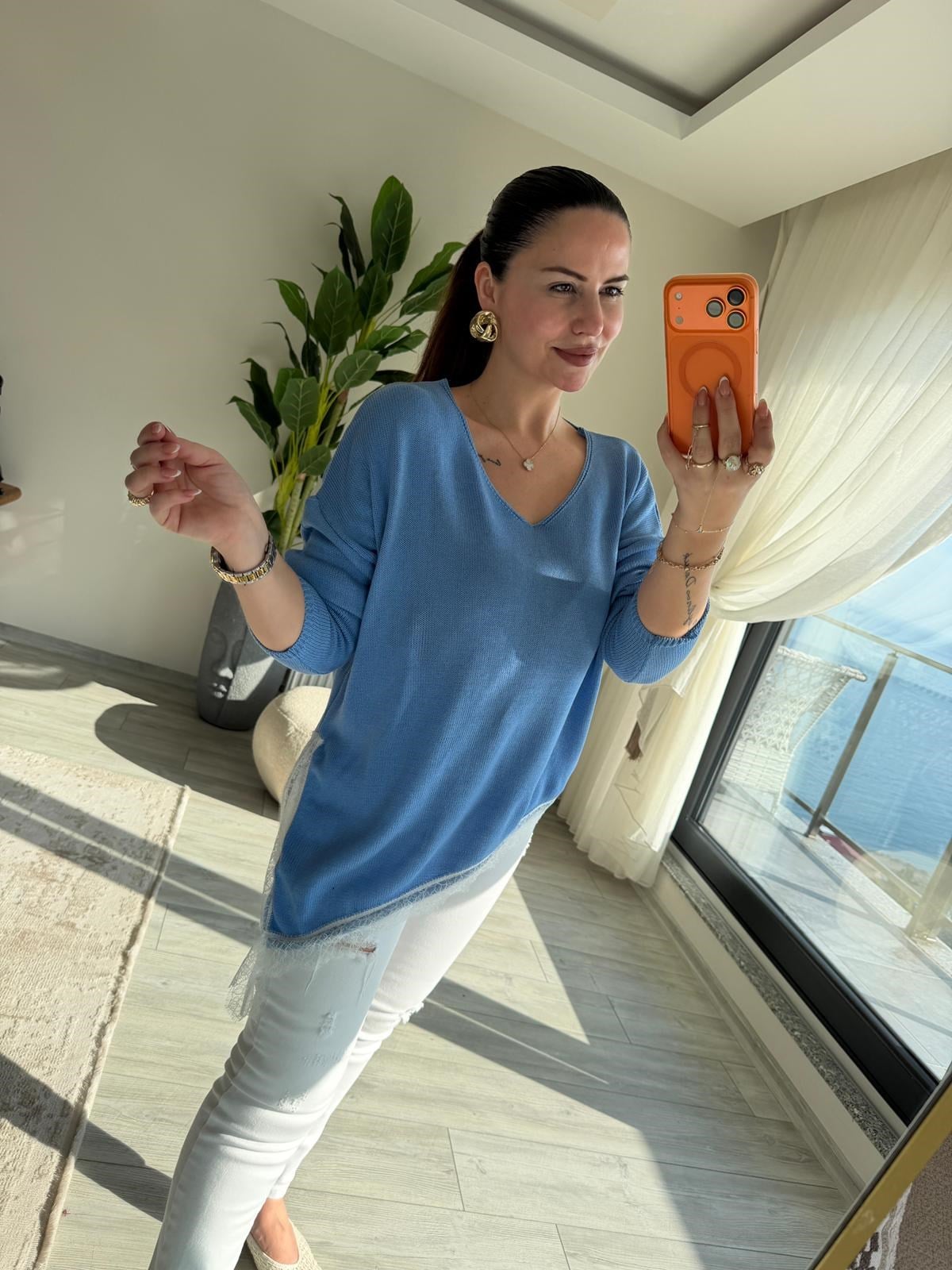 6703 Dantelli V Yaka Triko BEBE MAVİ