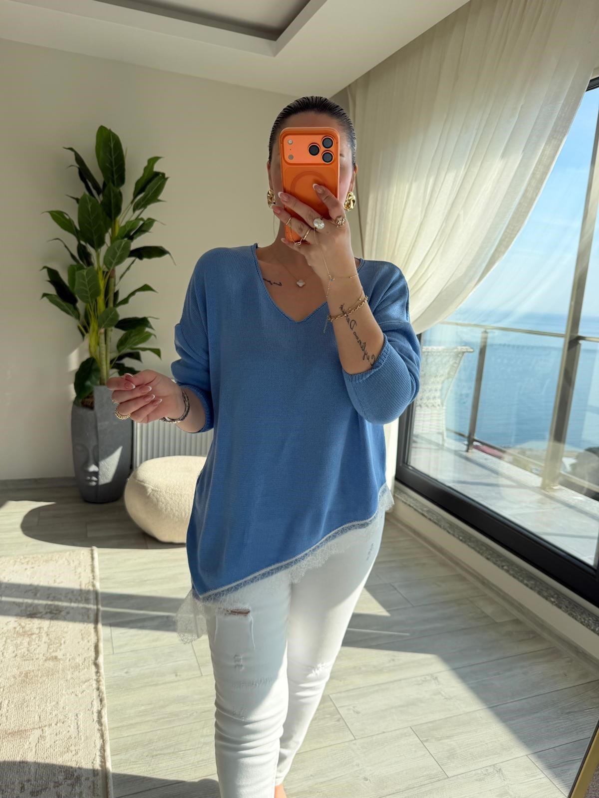 6703 Dantelli V Yaka Triko BEBE MAVİ