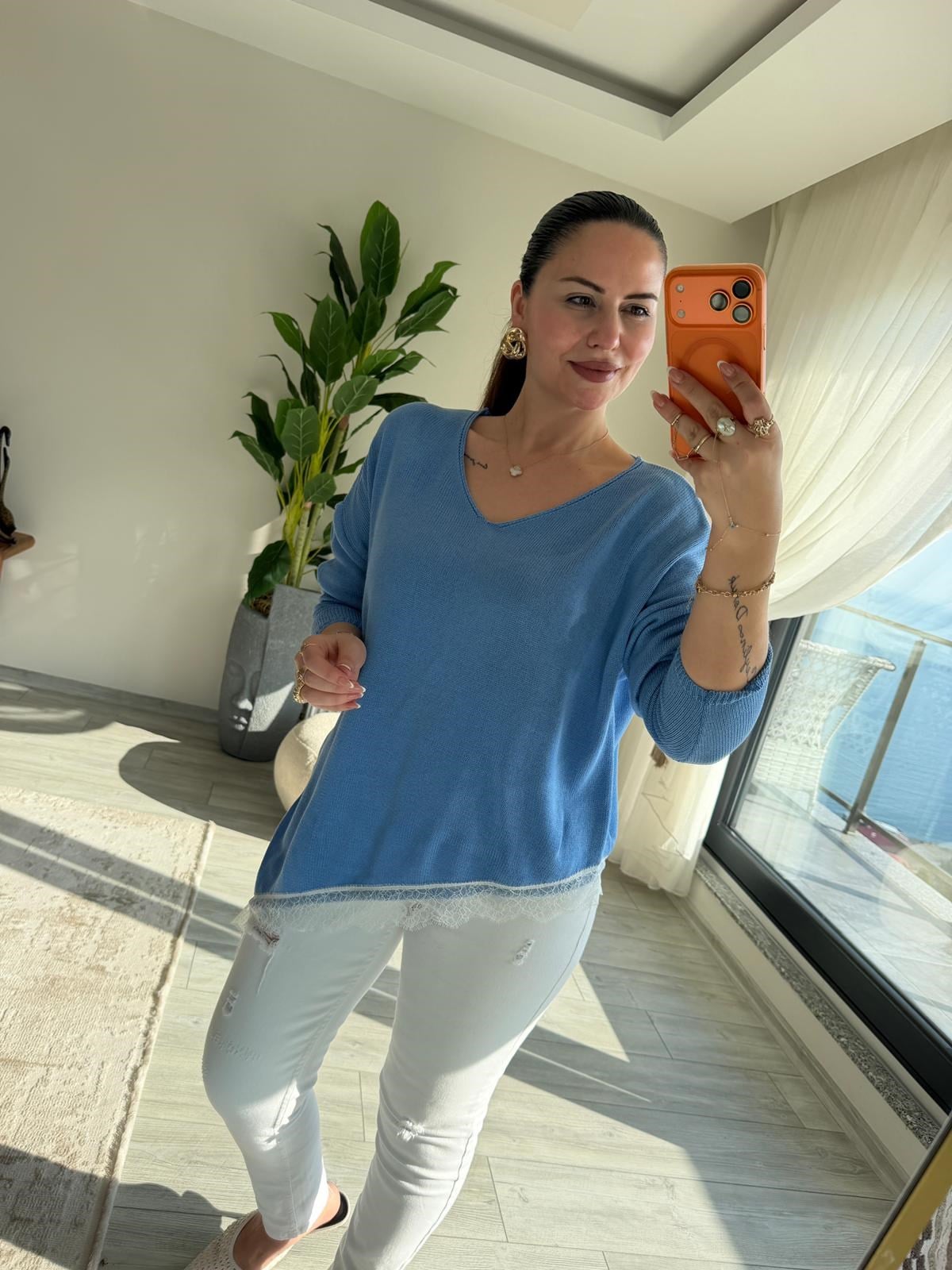 6703 Dantelli V Yaka Triko BEBE MAVİ
