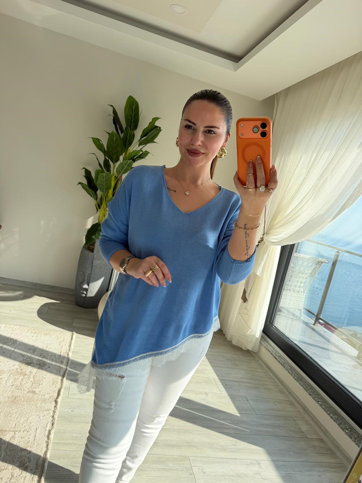 6703 Dantelli V Yaka Triko BEBE MAVİ