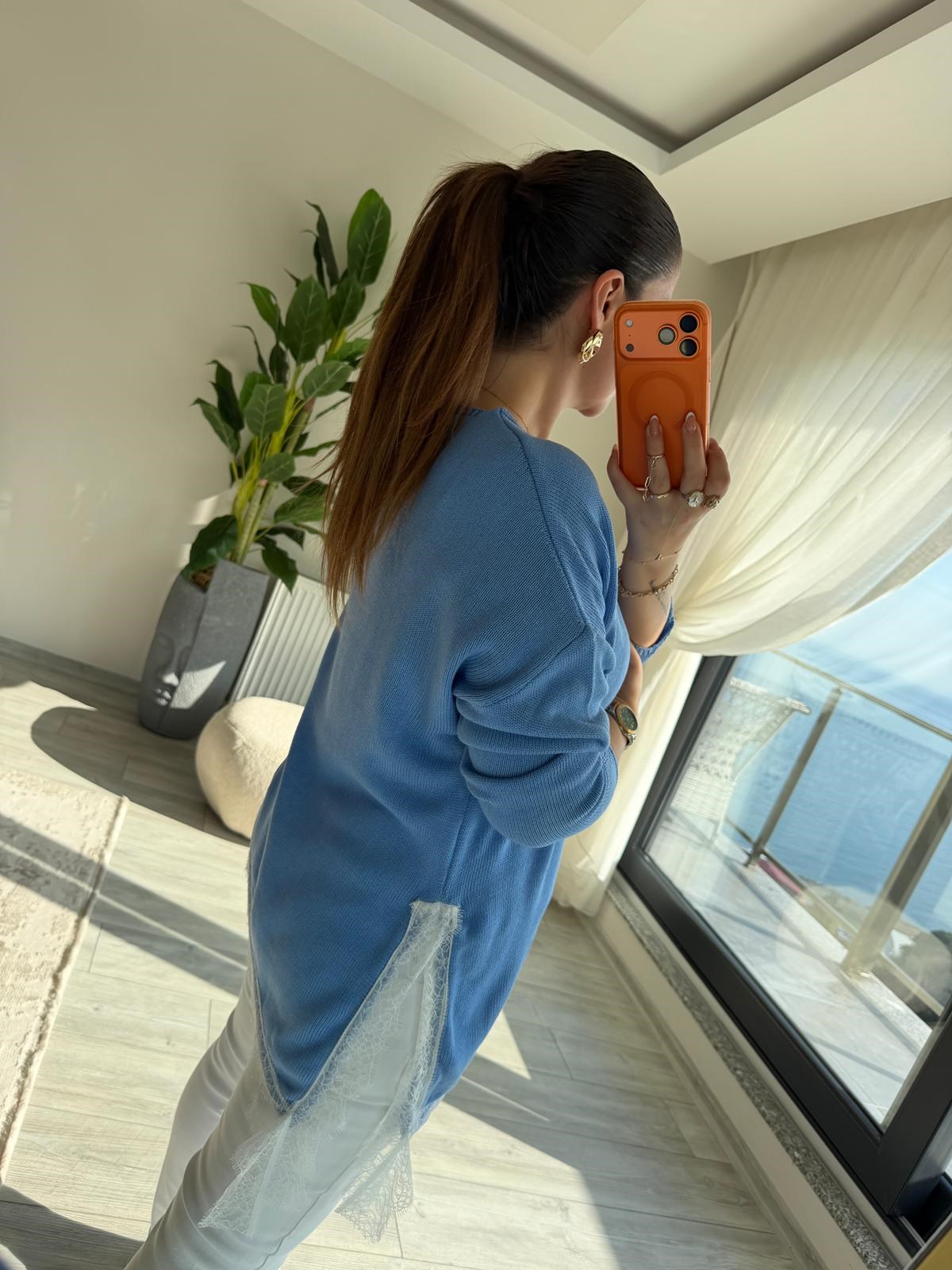 6703 Dantelli V Yaka Triko BEBE MAVİ