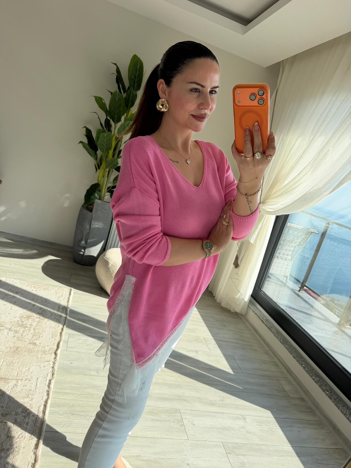 6703 Dantelli V Yaka Triko PEMBE