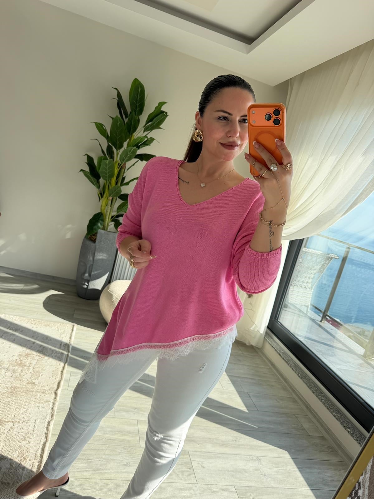 6703 Dantelli V Yaka Triko PEMBE