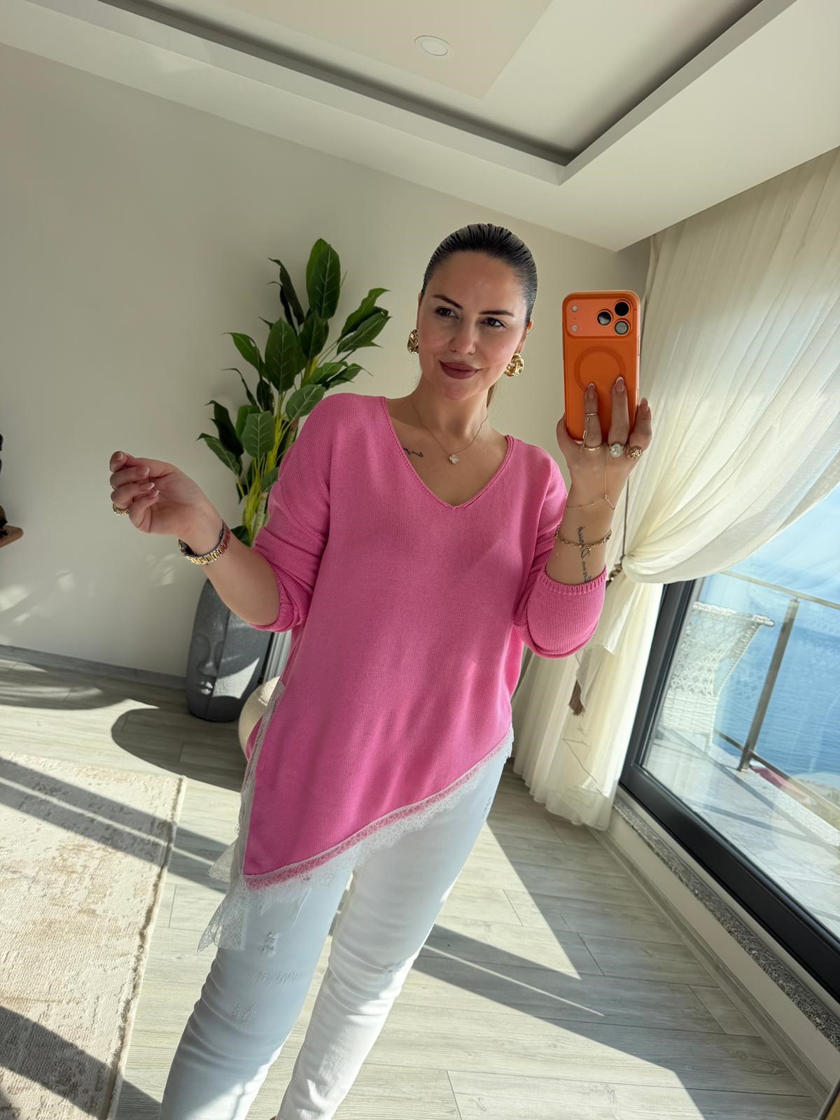 6703 Dantelli V Yaka Triko PEMBE