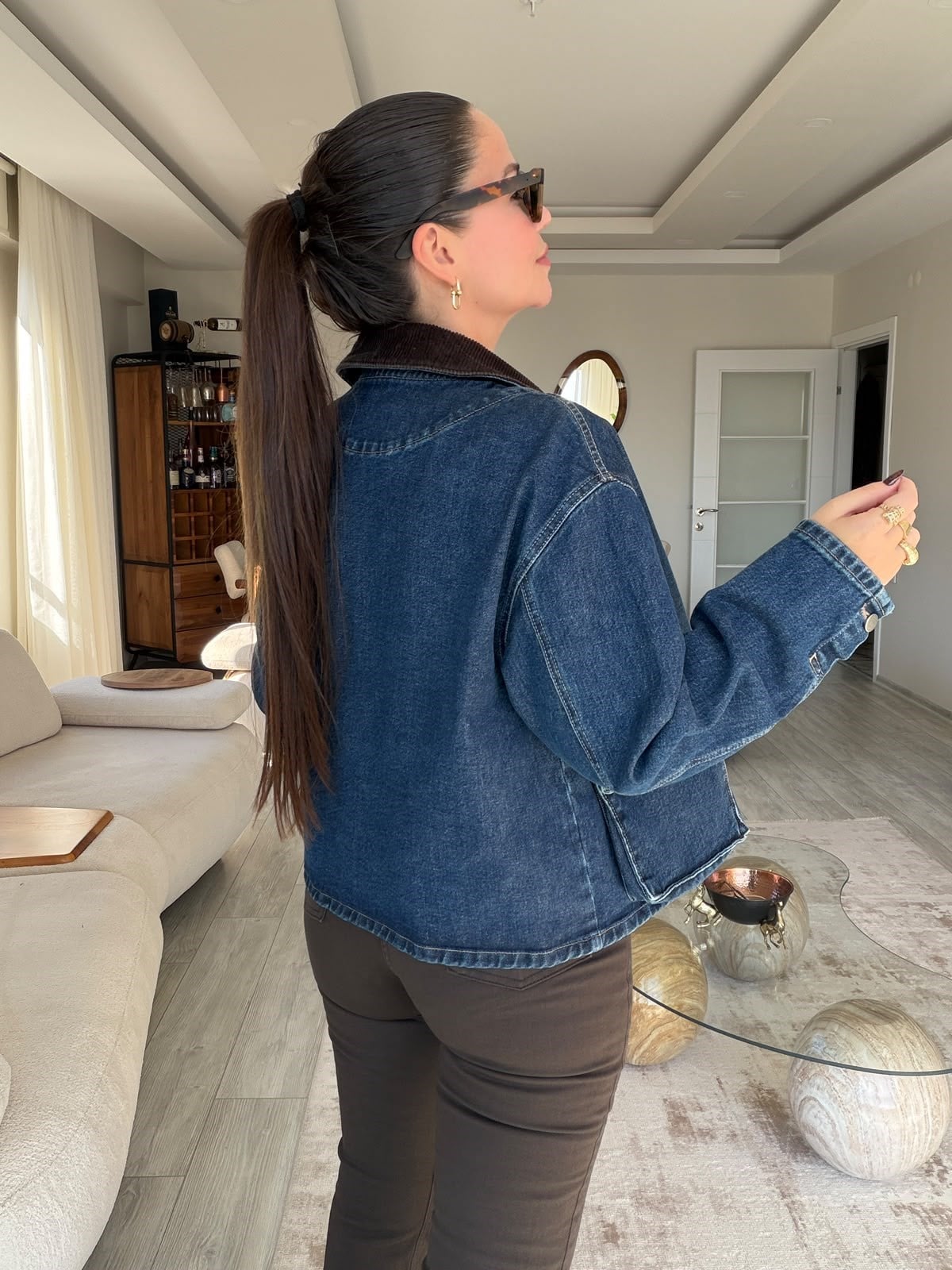 6839 Kadife Yaka Kısa Kot Ceket LACİVERT