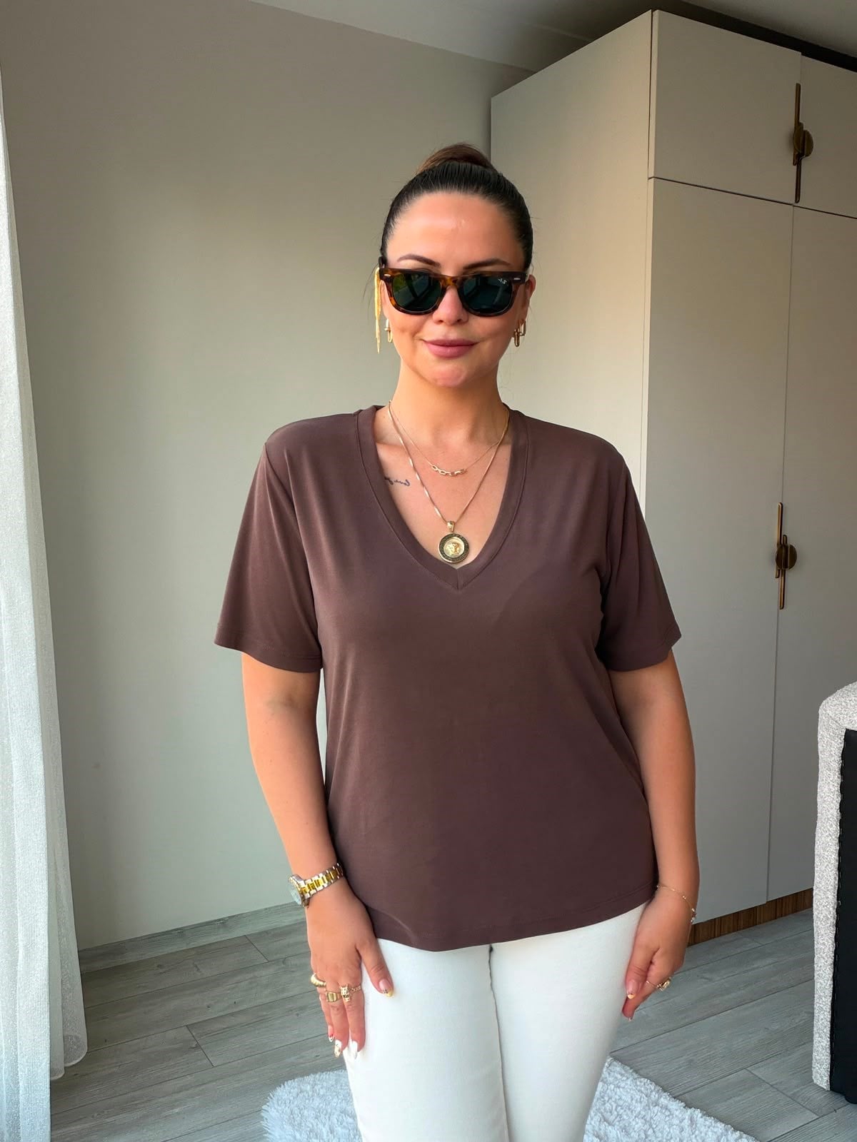 690 V Yakalı Modal Tshirt KAHVE