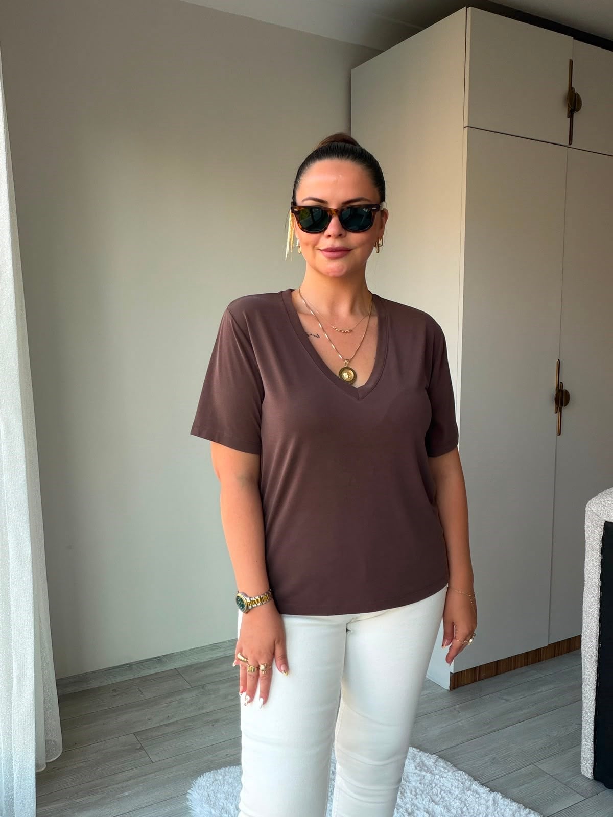 690 V Yakalı Modal Tshirt KAHVE