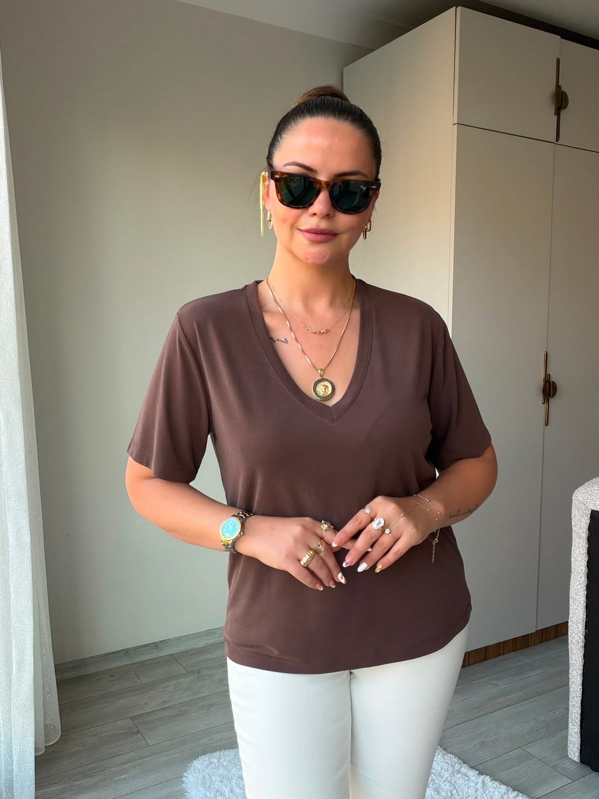 690 V Yakalı Modal Tshirt KAHVE